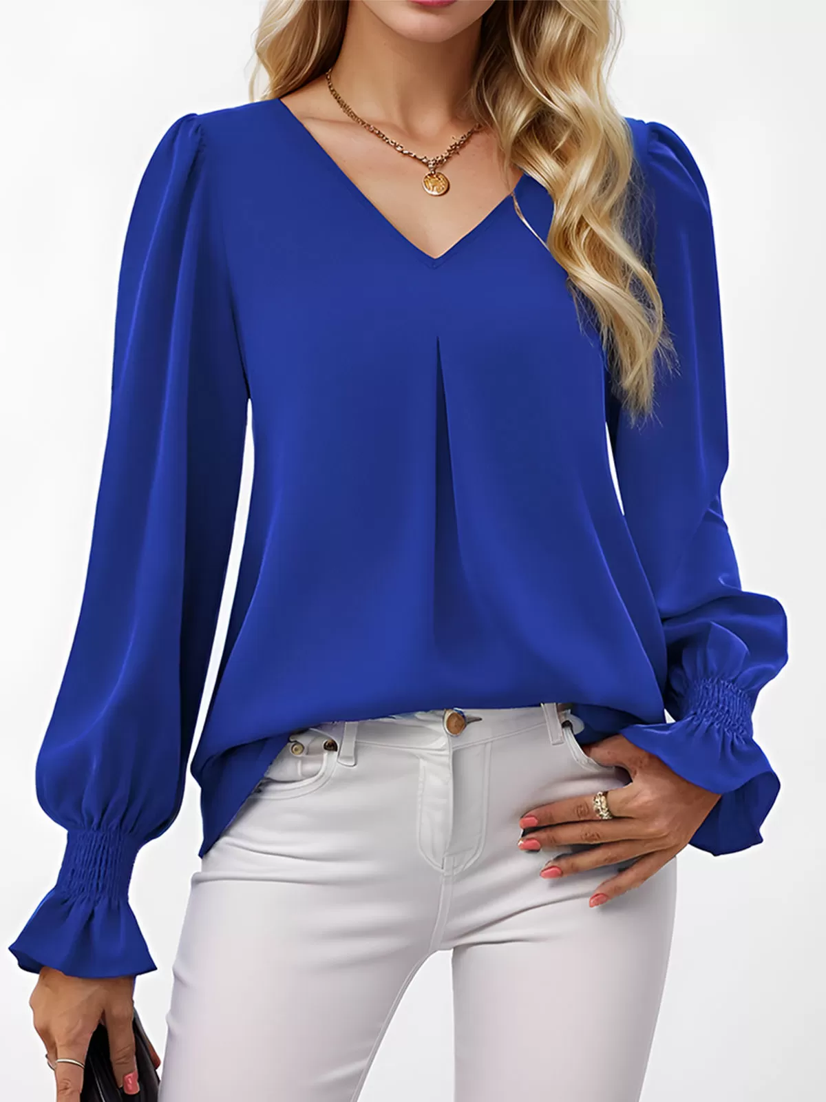 Wrinkle V-neck Lantern Long Sleeve Blouse, 3 of 6