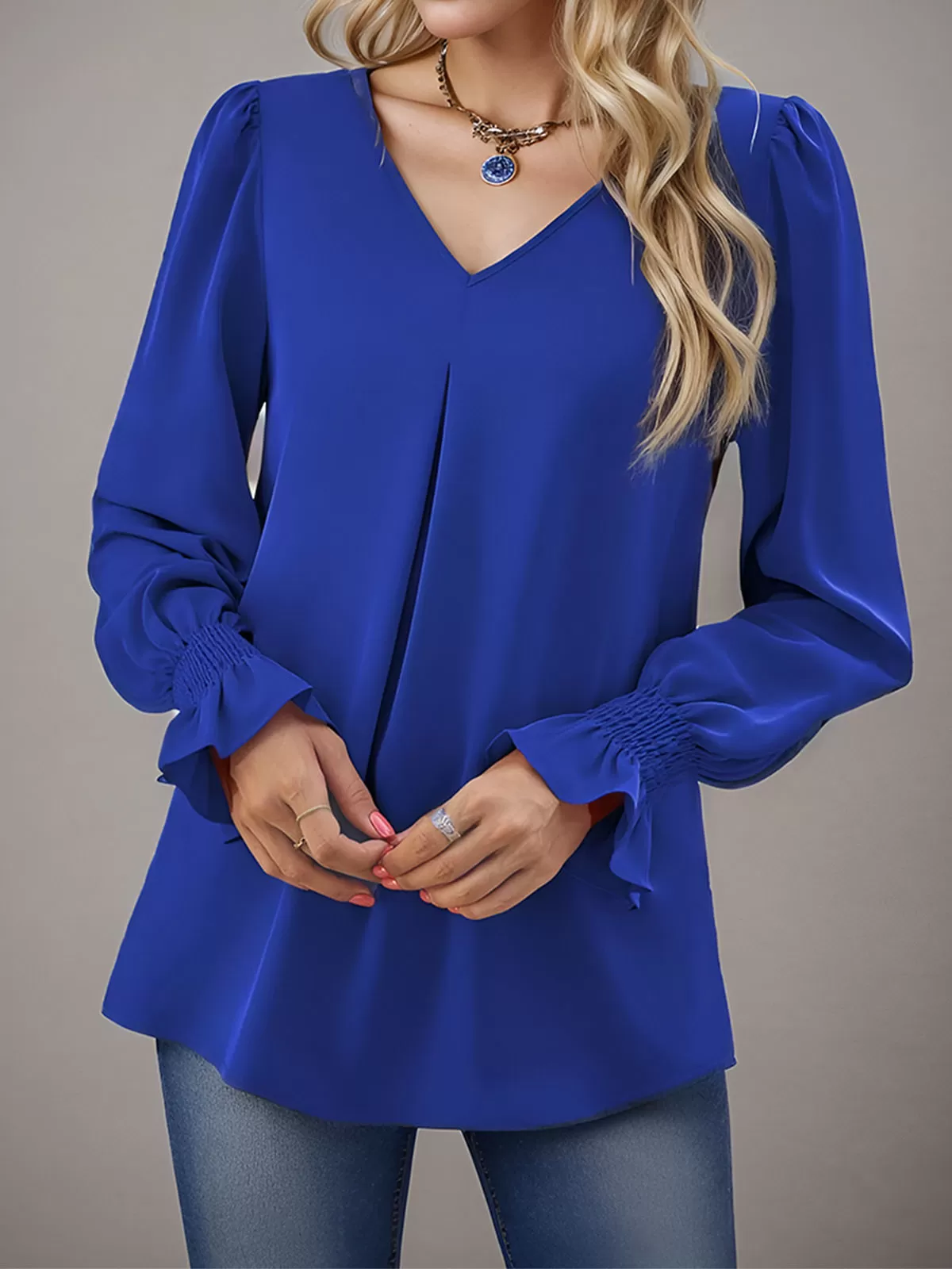 Wrinkle V-neck Lantern Long Sleeve Blouse, 6 of 6