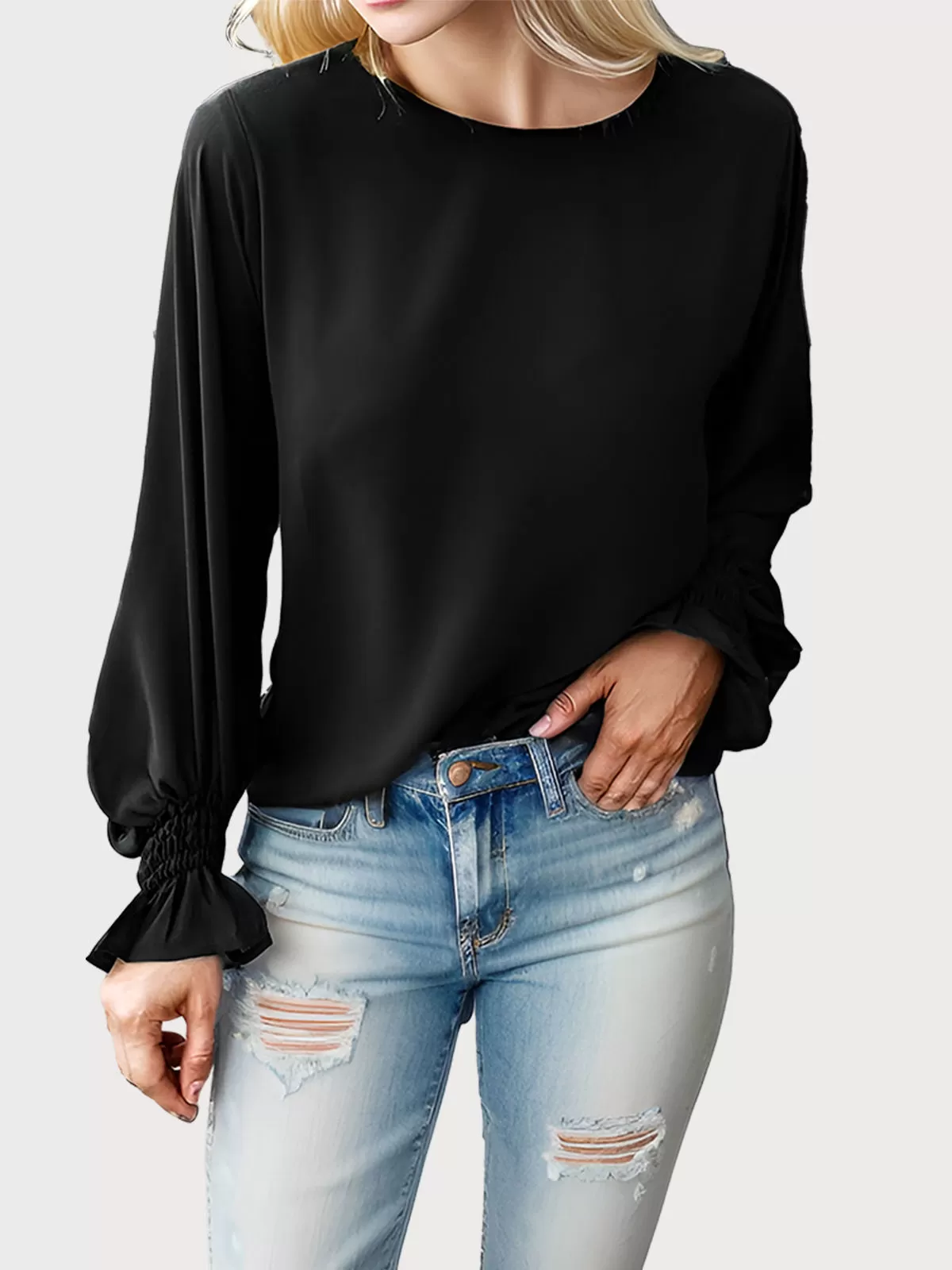 Round Neck Lantern Long Sleeve Blouse, 1 of 5