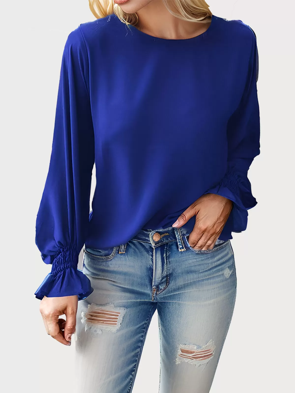 Round Neck Lantern Long Sleeve Blouse, 1 of 5