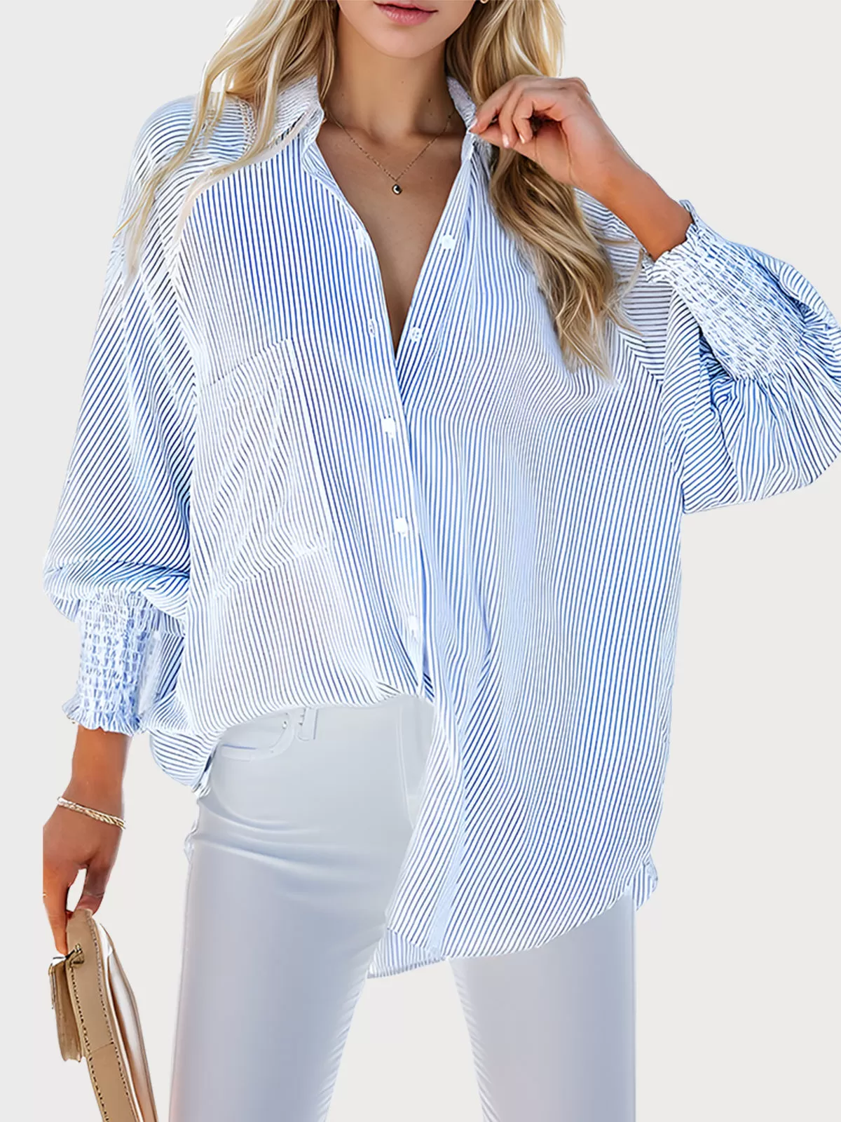 Stripes Lapel Raglan Long Sleeve Blouse, 1 of 5