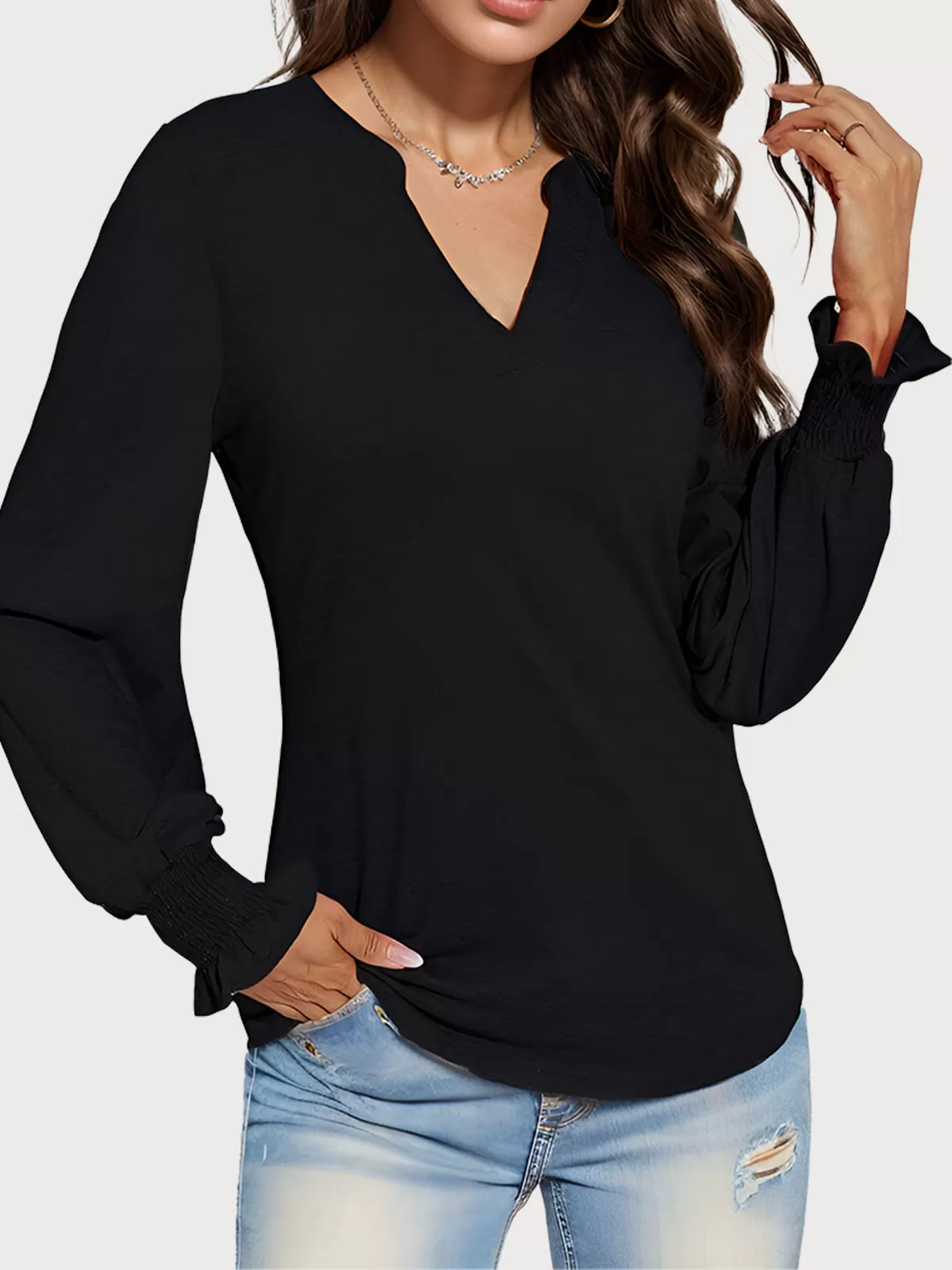 Pleating V-neck Lantern Long Sleeve Blouse, 1 of 6
