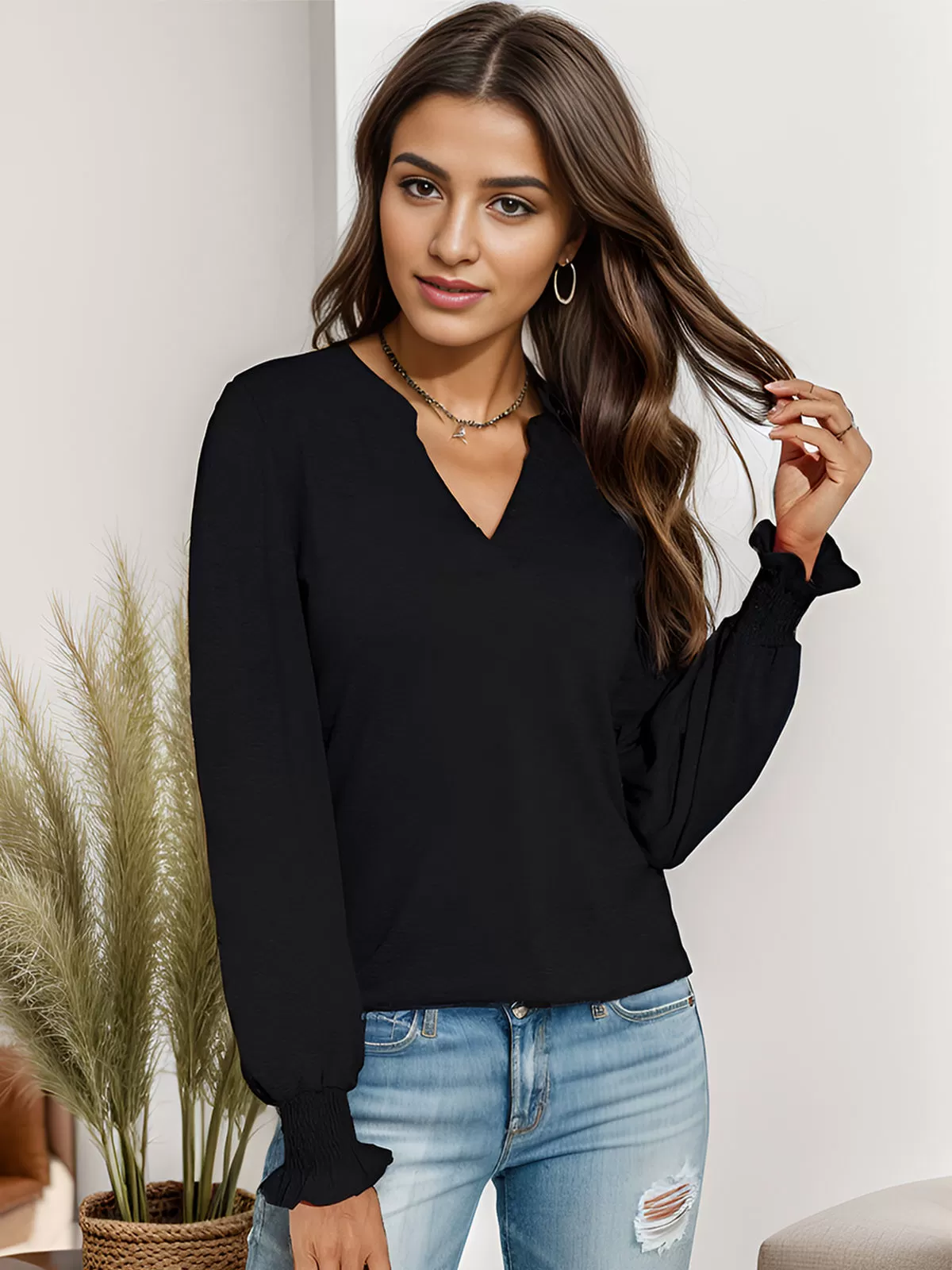 Pleating V-neck Lantern Long Sleeve Blouse, 4 of 6