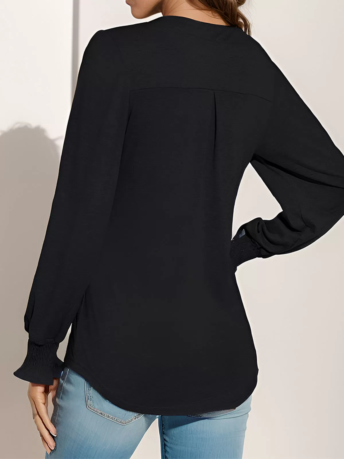 Pleating V-neck Lantern Long Sleeve Blouse, 5 of 6
