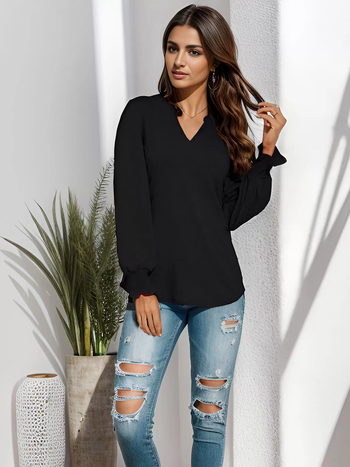 Pleating V-neck Lantern Long Sleeve Blouse, 6 of 6
