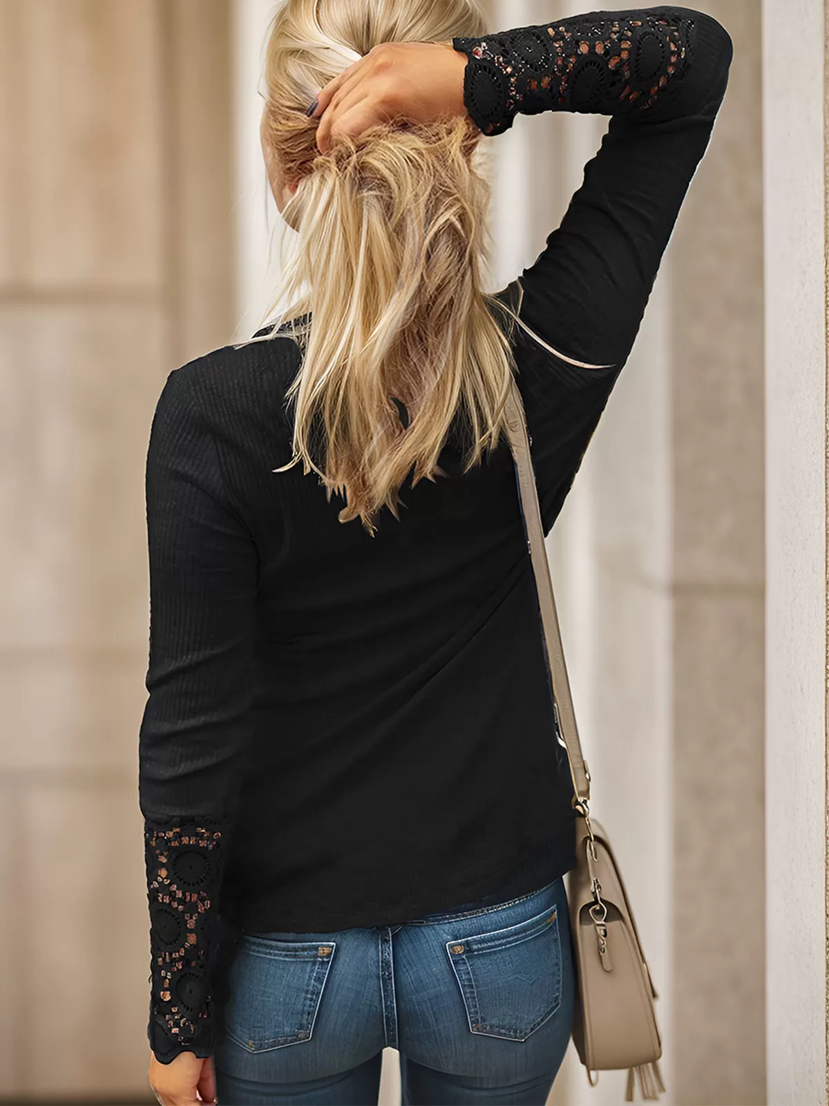 Round Neck Lace Trim Button Down T-shirt, 4 of 5