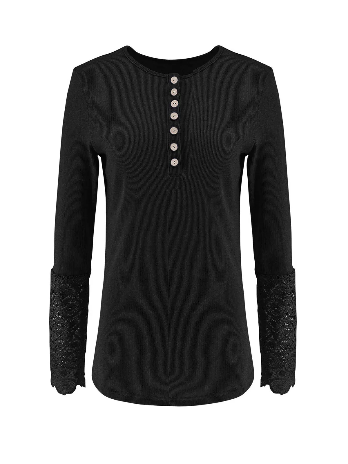 Round Neck Lace Trim Button Down T-shirt, 5 of 5