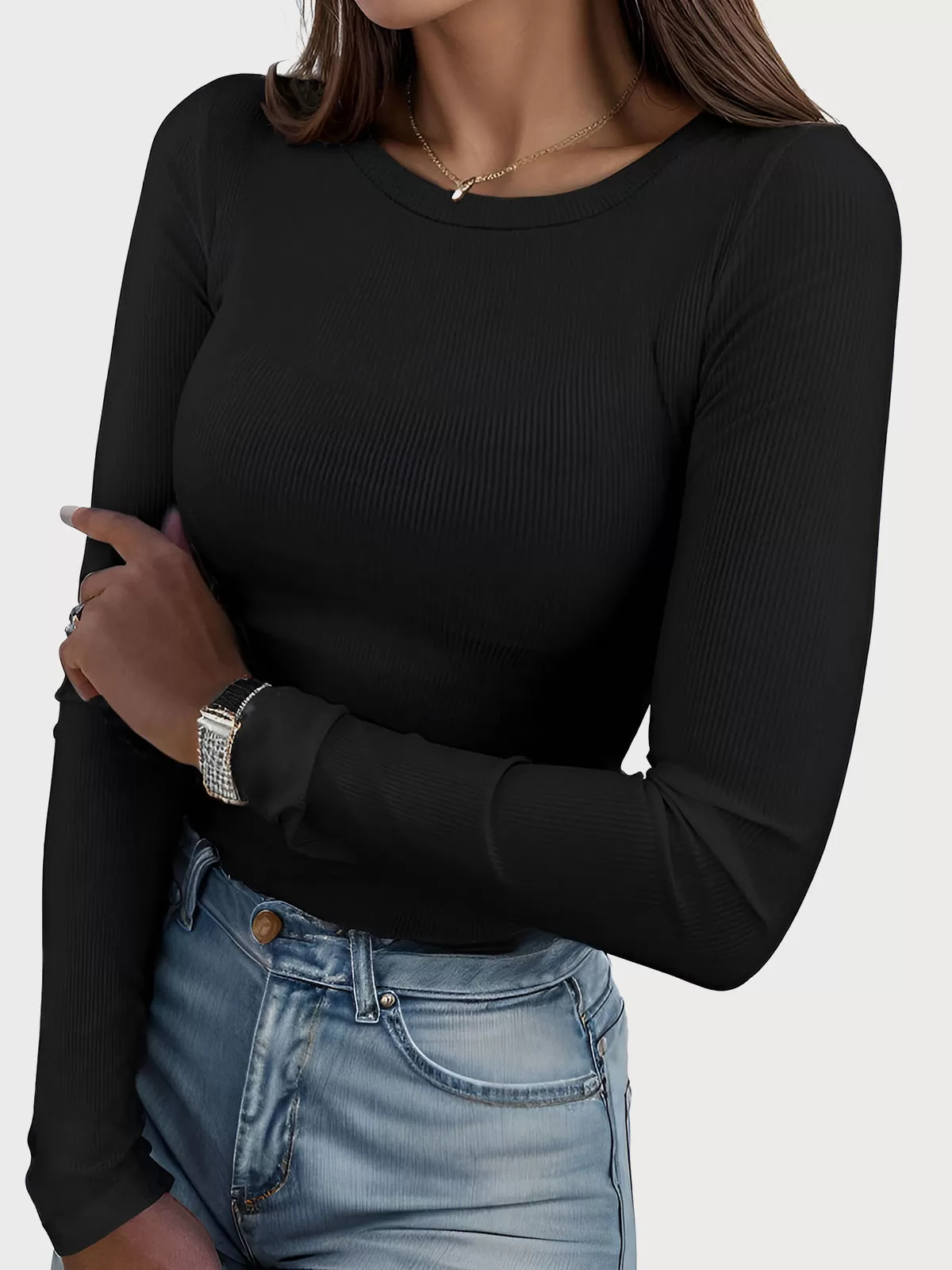 Round Neck Stretch Crewneck Ribbed T-shirt, 1 of 6