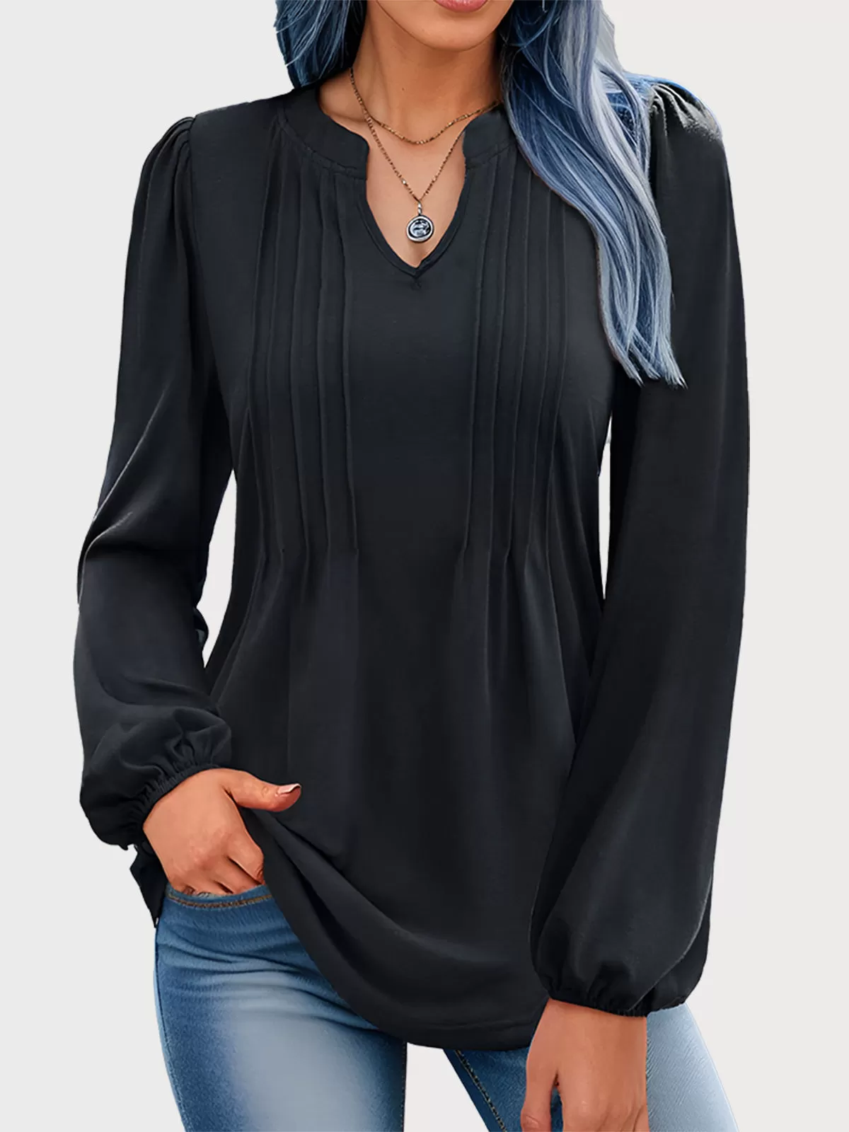 Wrinkle V-neck Puff Long Sleeve Blouse, 1 of 5