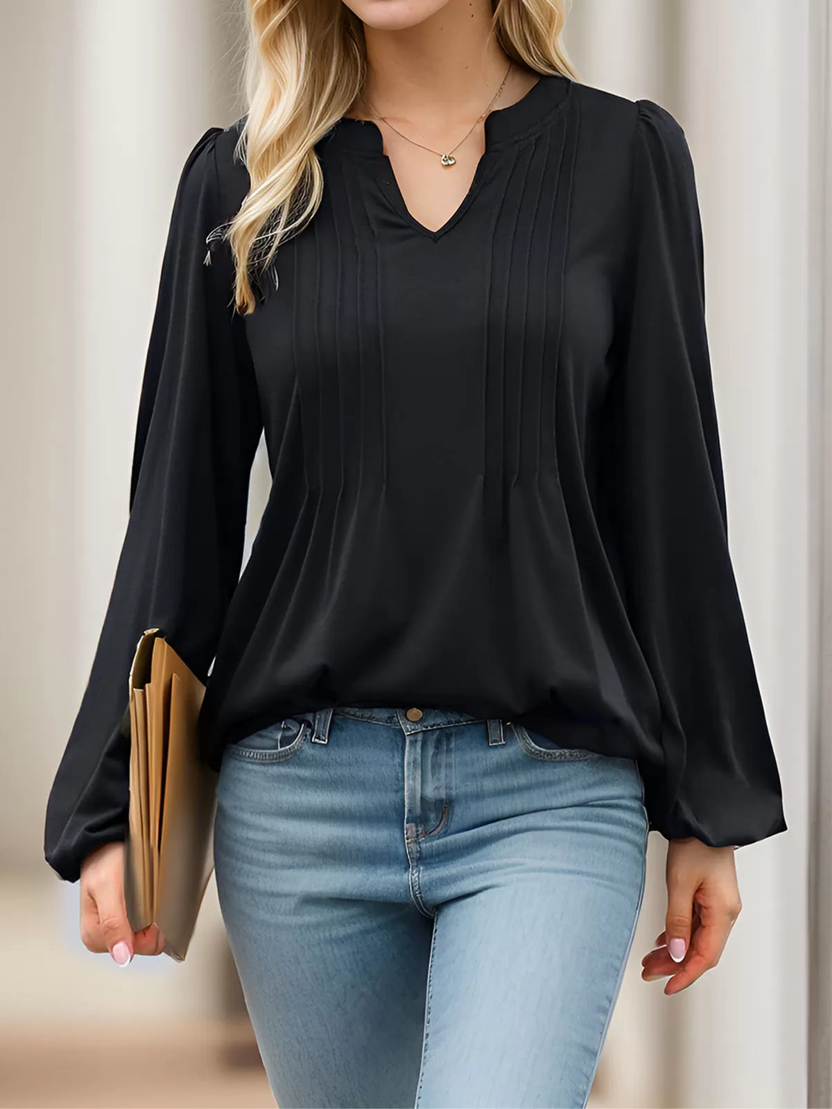Wrinkle V-neck Puff Long Sleeve Blouse, 2 of 5