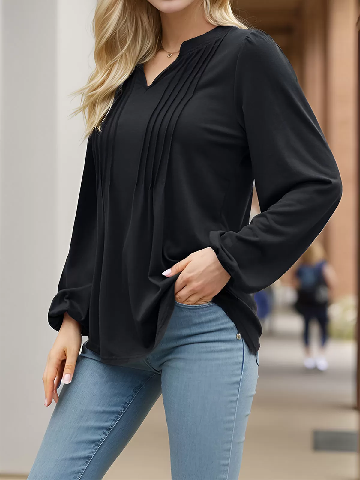 Wrinkle V-neck Puff Long Sleeve Blouse, 3 of 5
