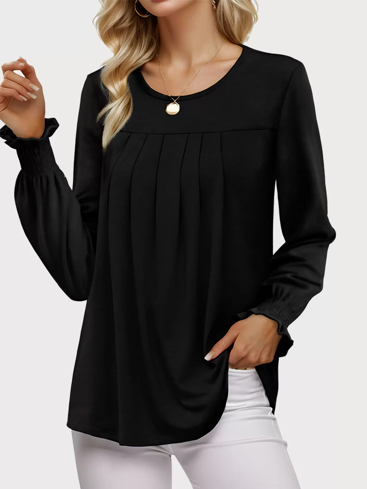 Pleating Round Neck Lantern Long Sleeve T-shirt, 1 of 5