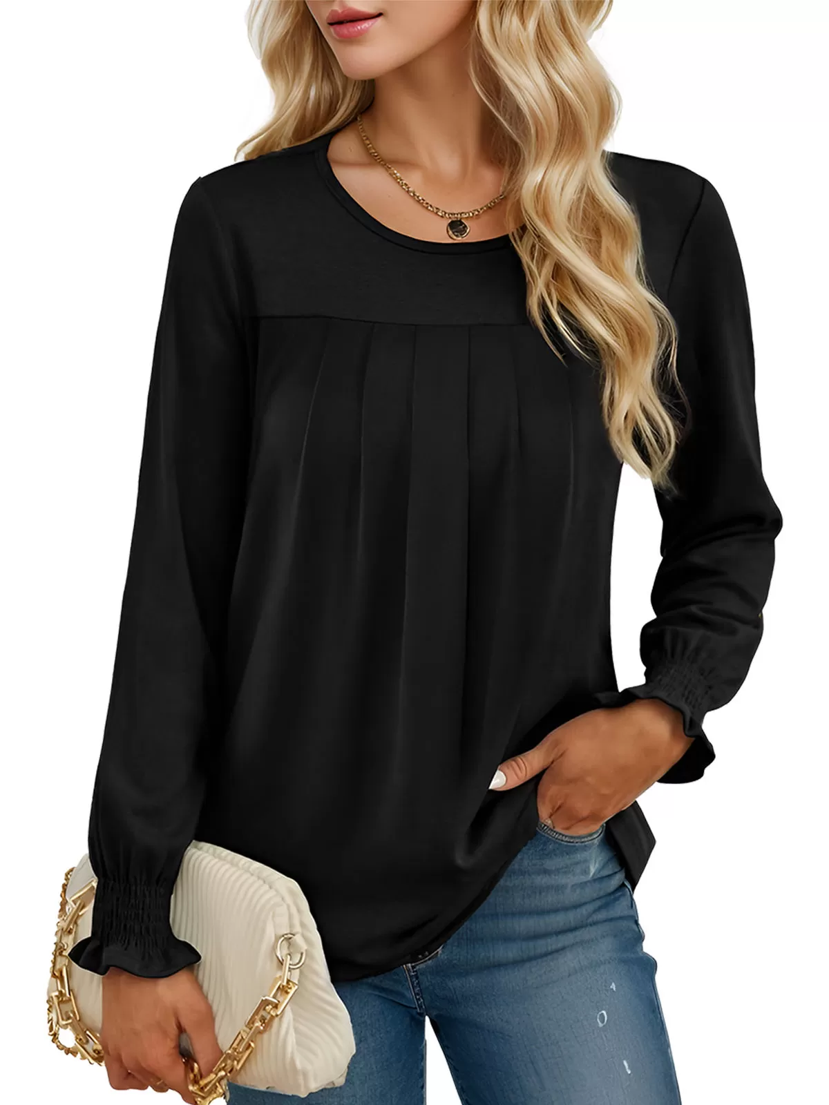 Pleating Round Neck Lantern Long Sleeve T-shirt, 2 of 5
