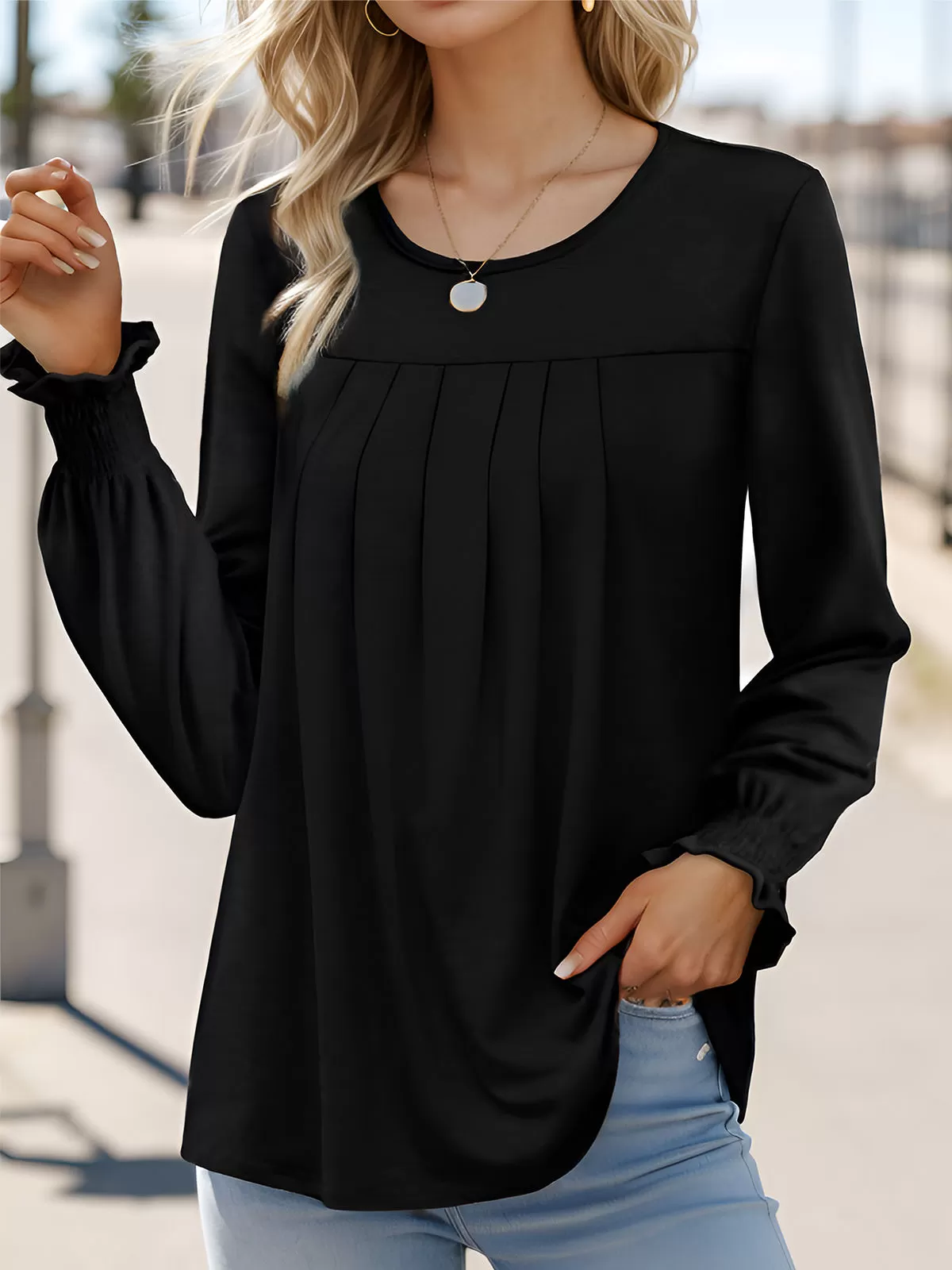 Pleating Round Neck Lantern Long Sleeve T-shirt, 5 of 5