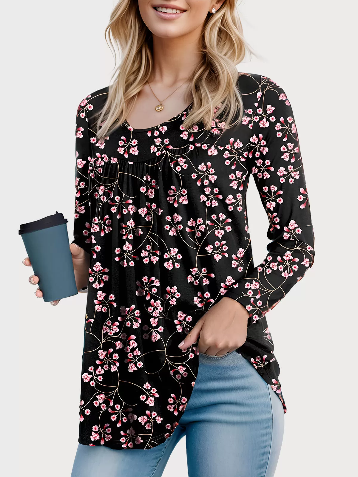 Floral Round Neck Long Sleeve T-shirt, 1 of 4