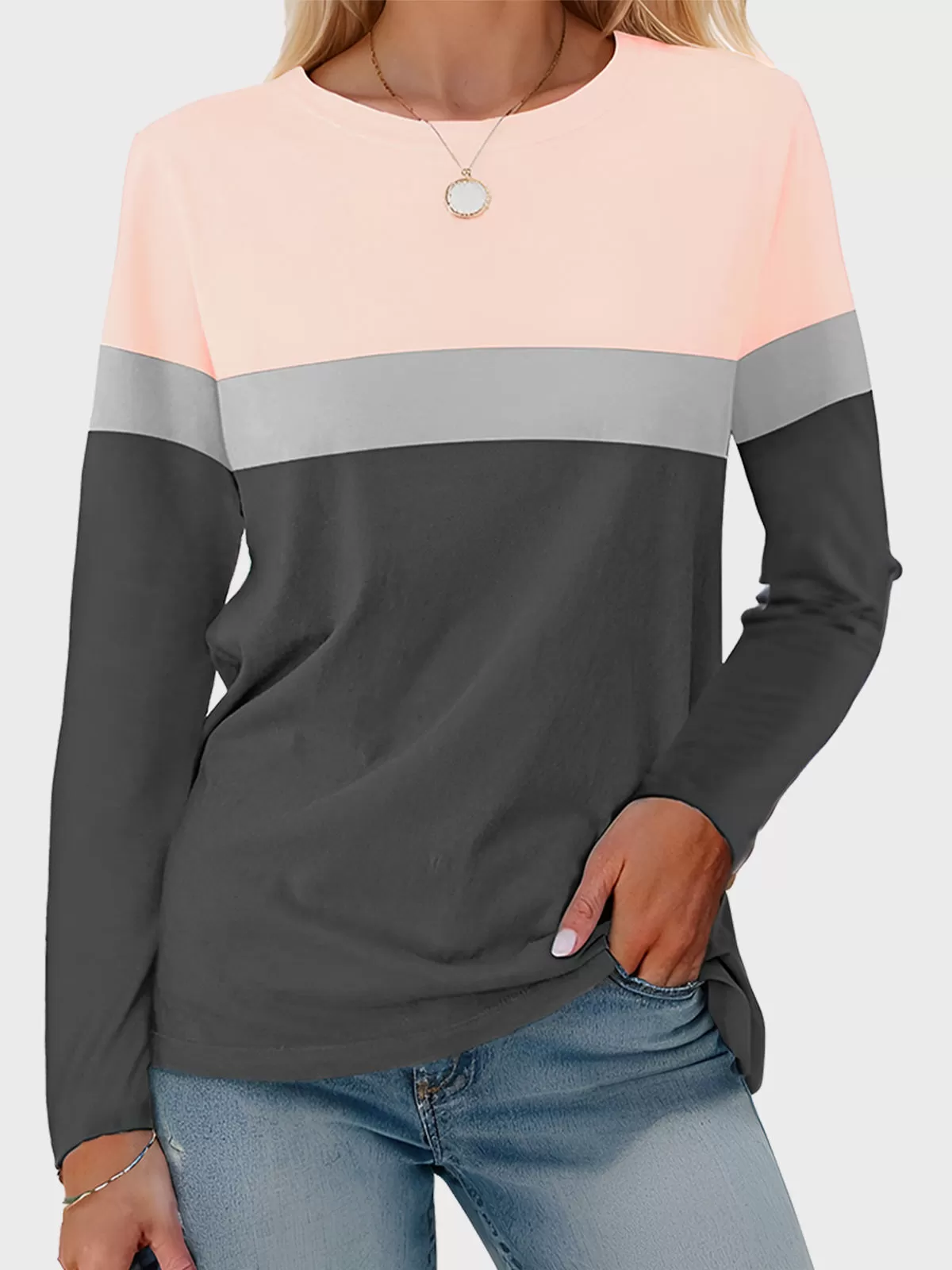 Round Neck Color Block Long Sleeve T-shirt, 1 of 5
