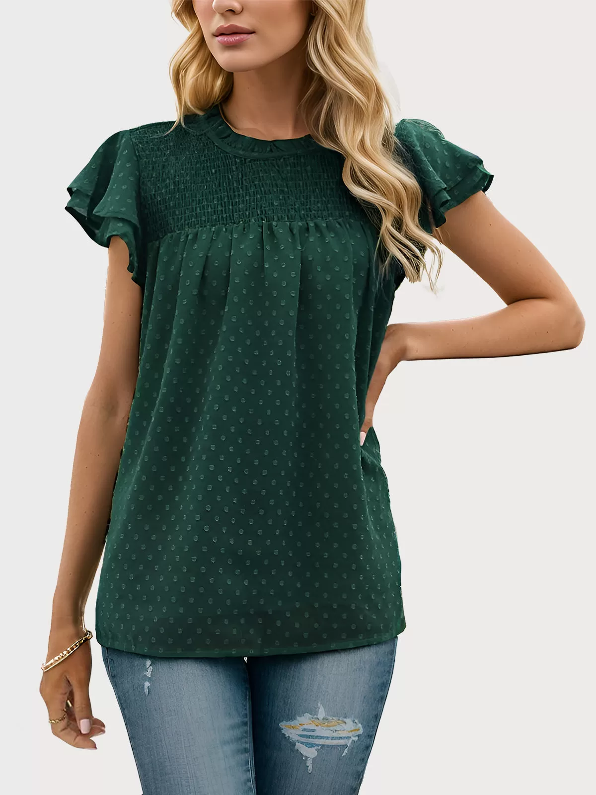 Round Neck Flounce Short Sleeve Blouse, 1 of 6