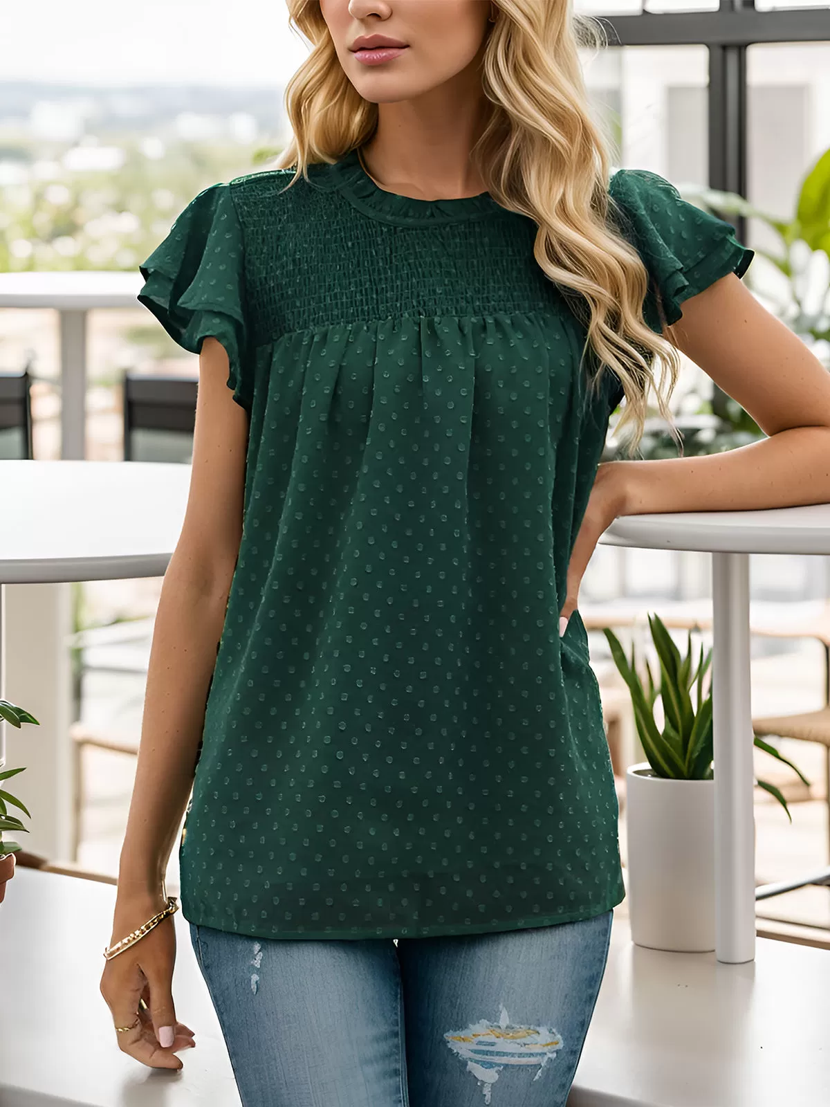 Round Neck Flounce Short Sleeve Blouse, 3 of 6