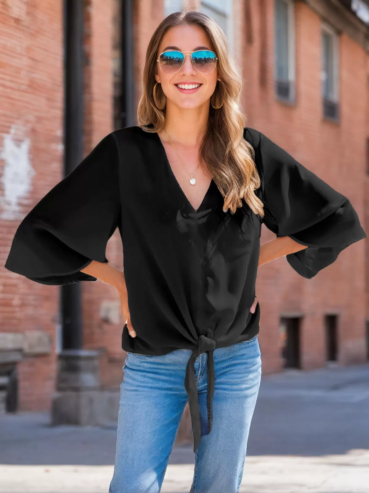 Floral V-neck Flare Blouse, 4 of 5