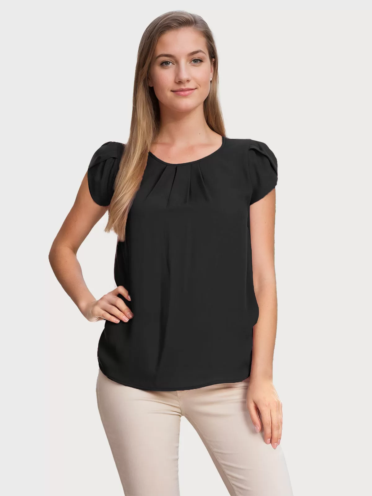 Wrinkle Round Neck Petal Short Sleeve Blouse, 1 of 5