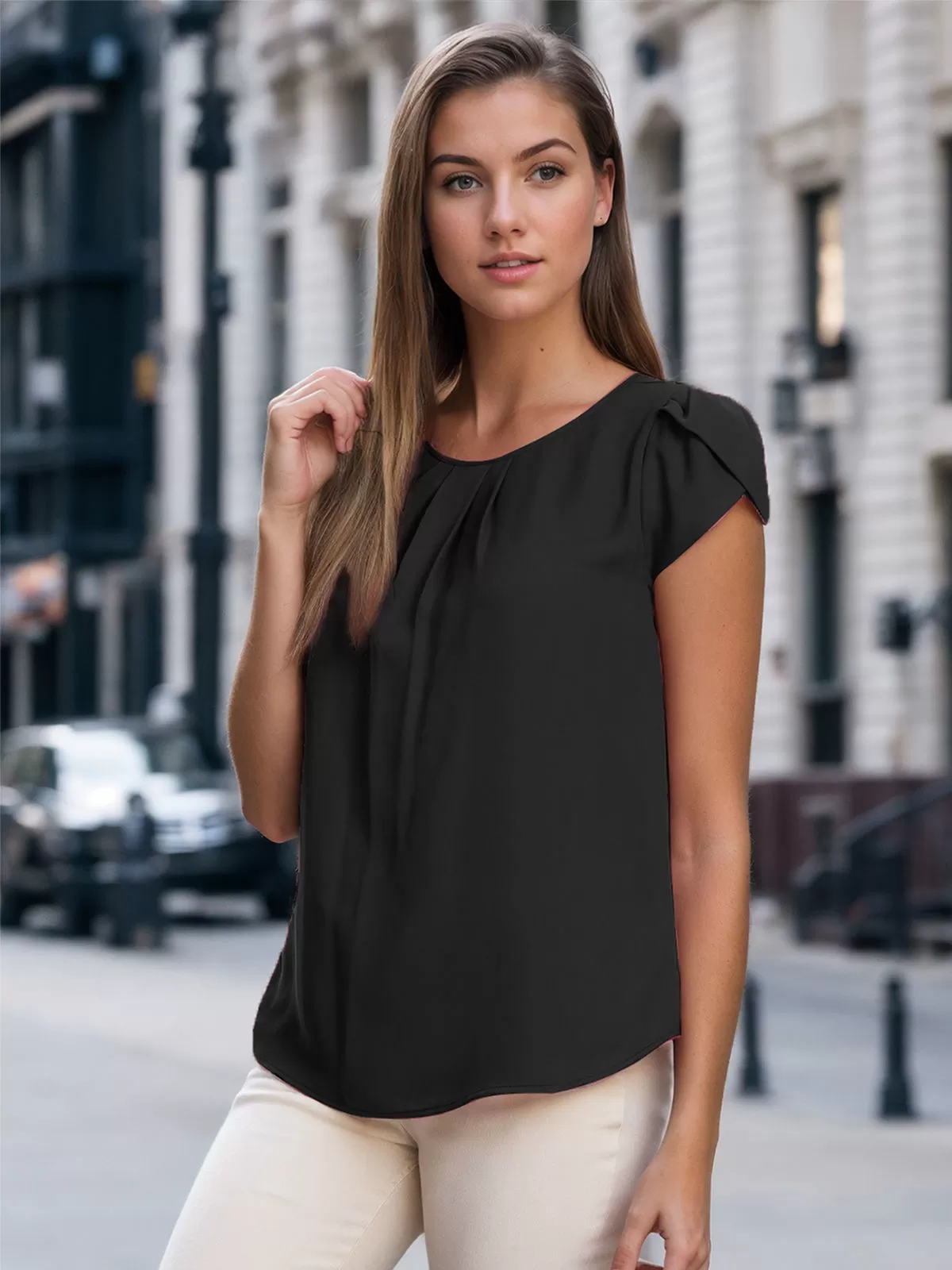 Wrinkle Round Neck Petal Short Sleeve Blouse, 2 of 5