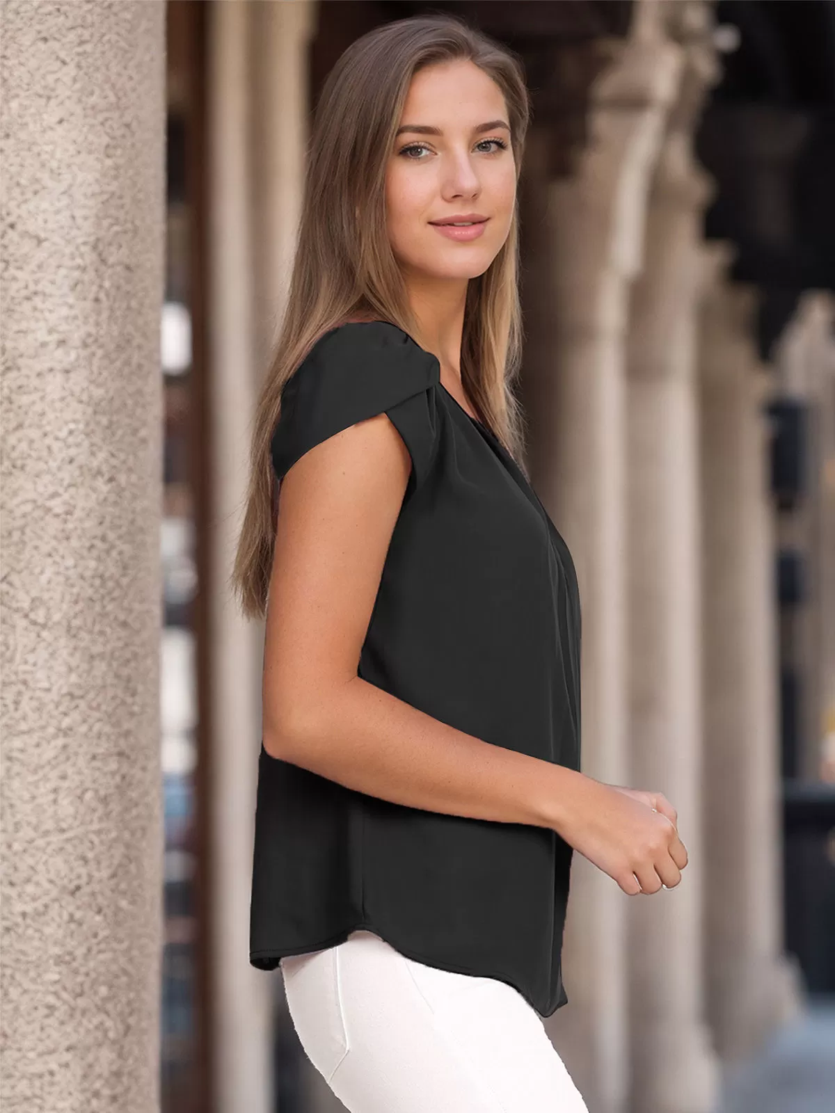 Wrinkle Round Neck Petal Short Sleeve Blouse, 3 of 5