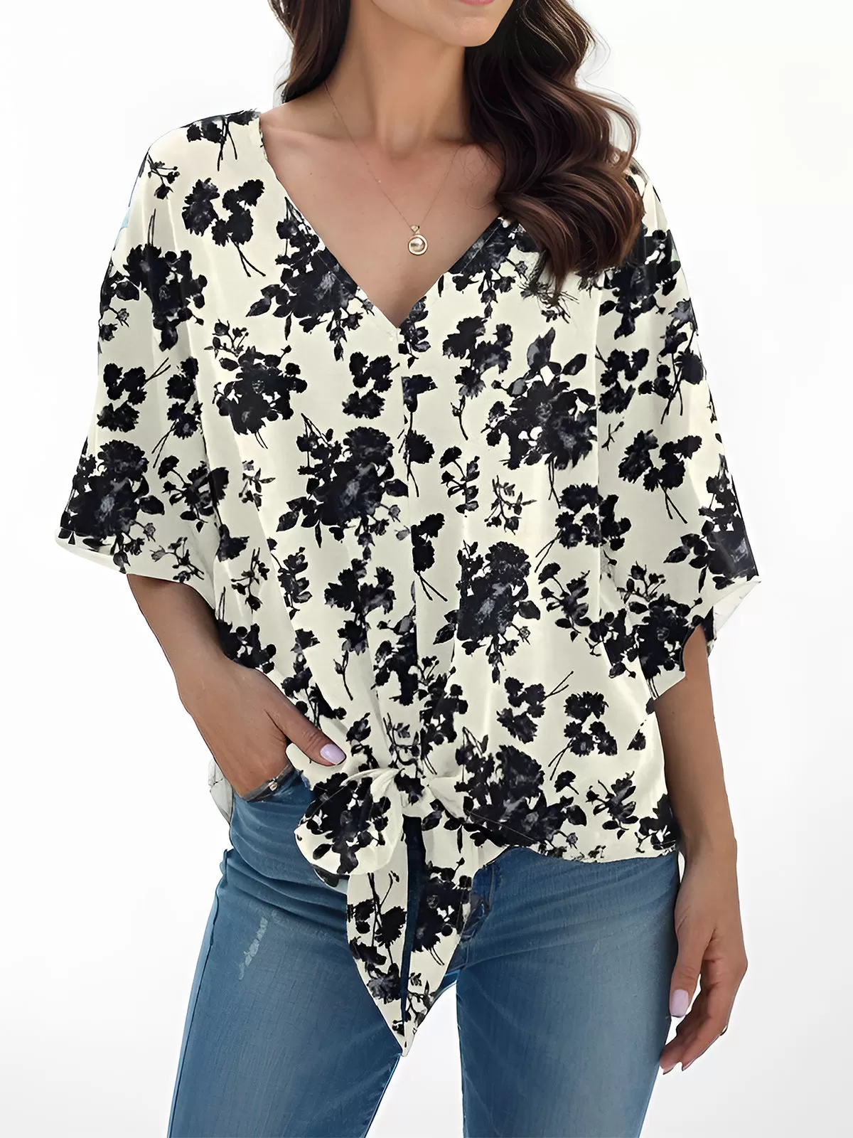 Printing V-neck Flare Half Sleeve Blouse, 2 of 4