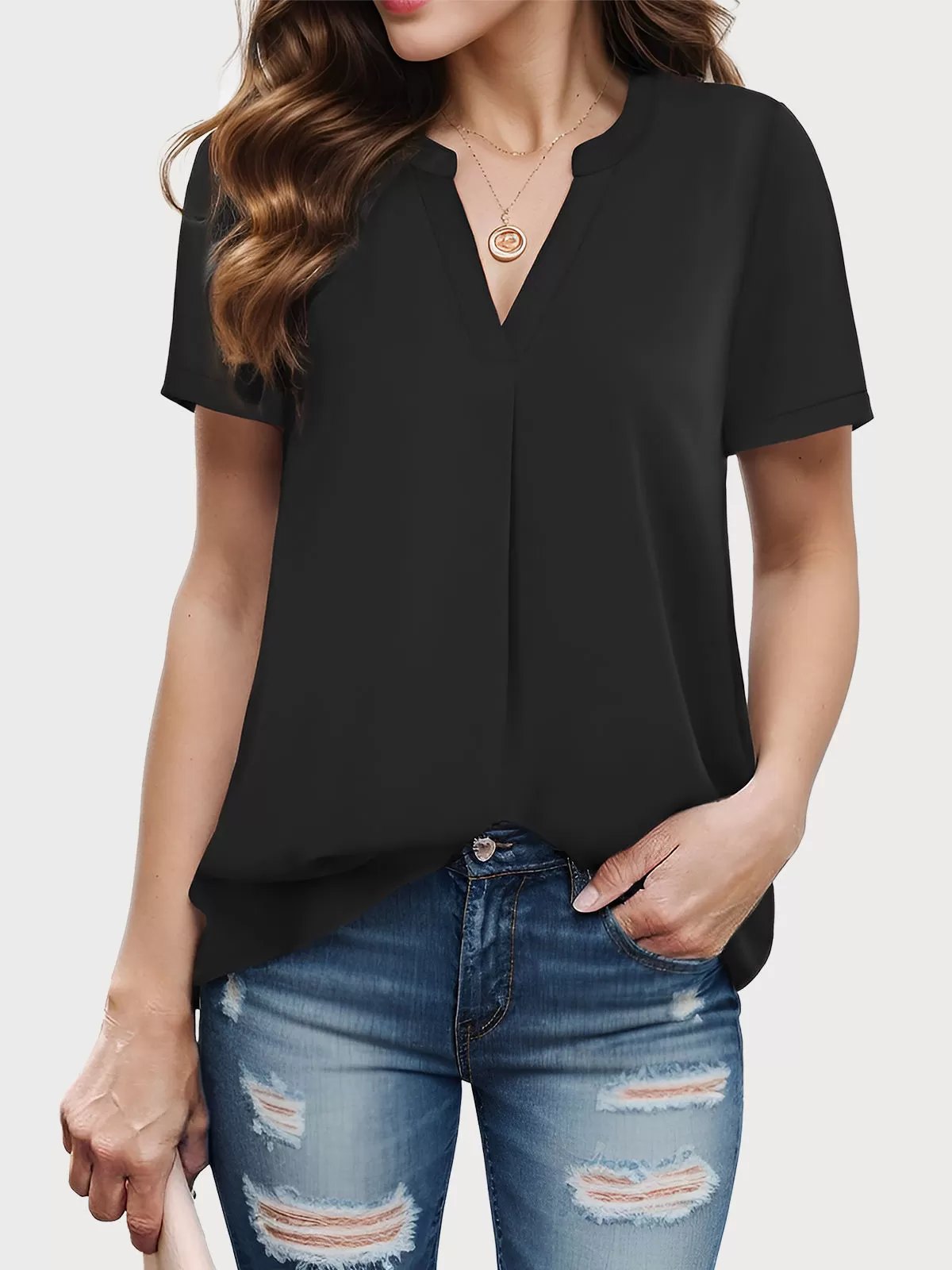 Wrinkle V-neck Short Sleeve Blouse, 1 of 4