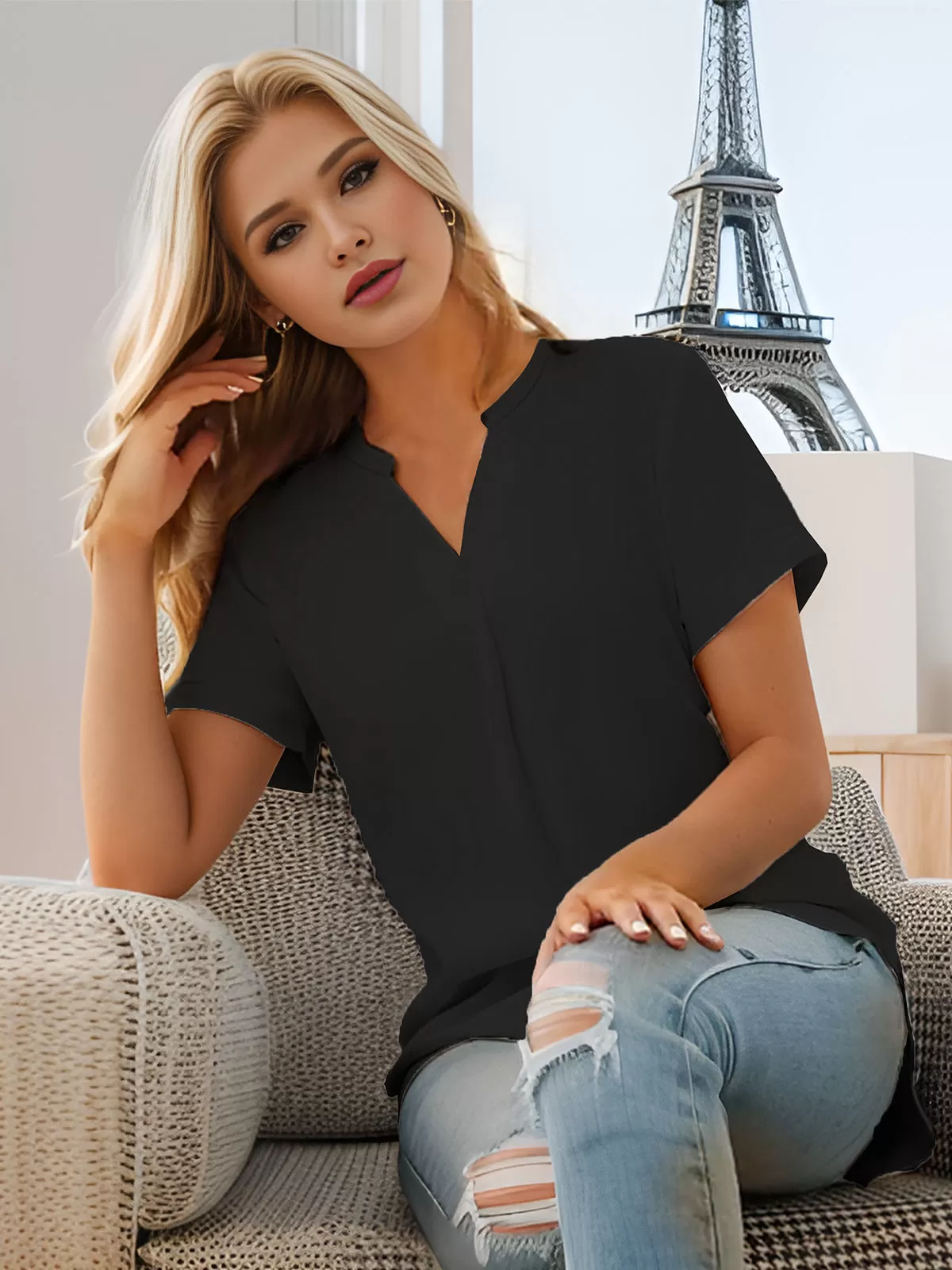 Wrinkle V-neck Short Sleeve Blouse, 3 of 4