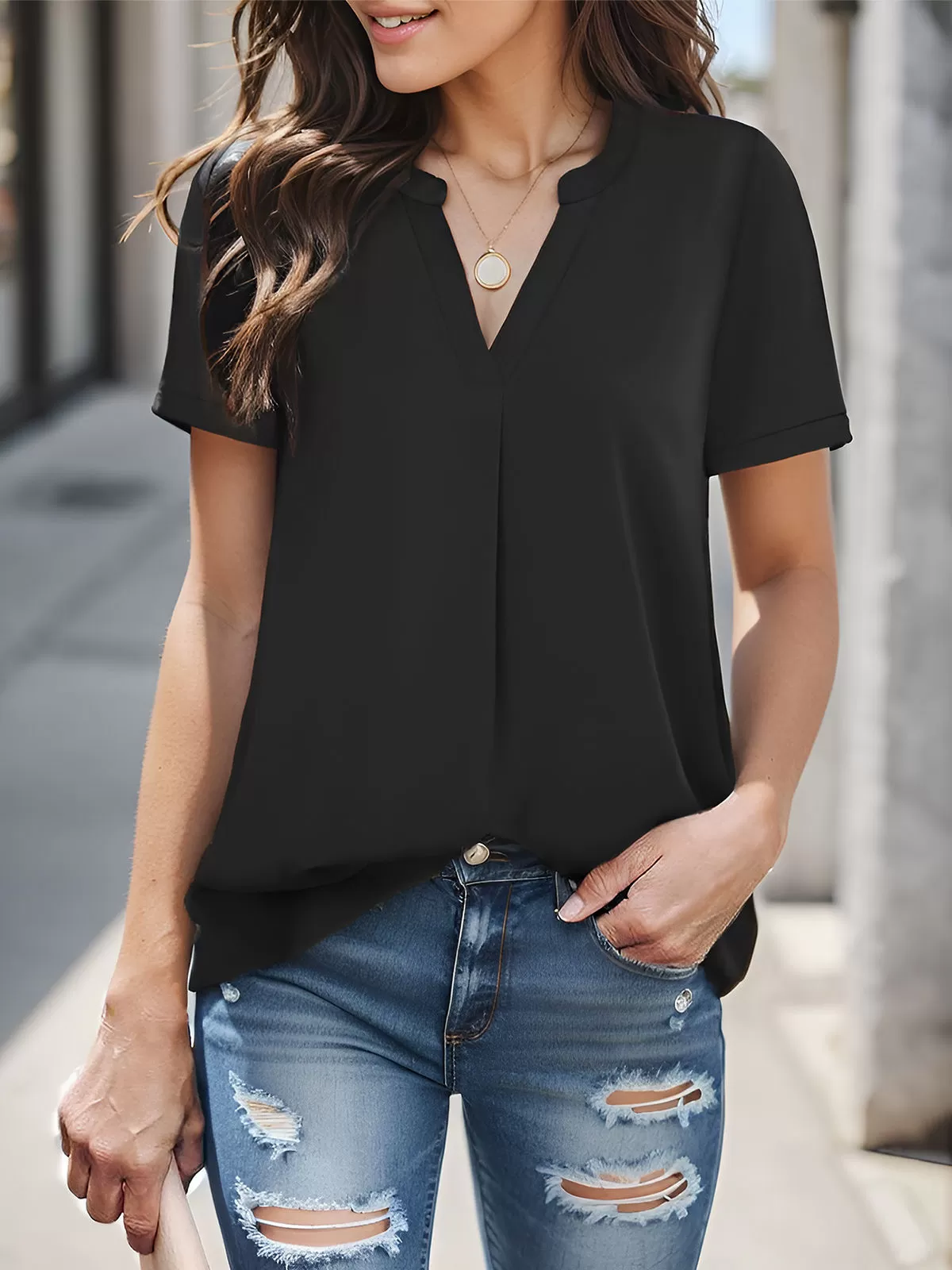 Wrinkle V-neck Short Sleeve Blouse, 4 of 4