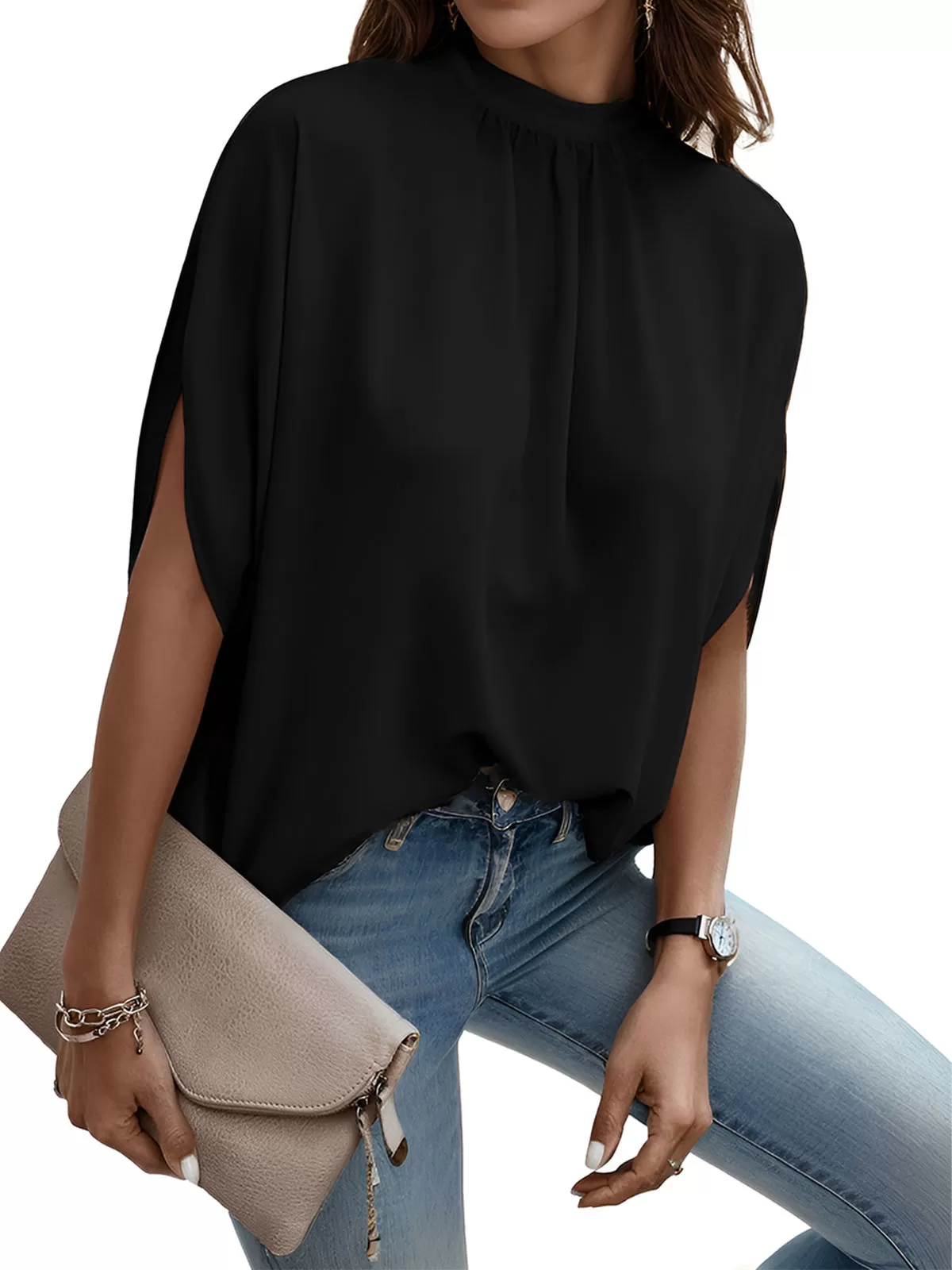 Wrinkle Stand Collar Batwing Half Sleeve Blouse, 2 of 5