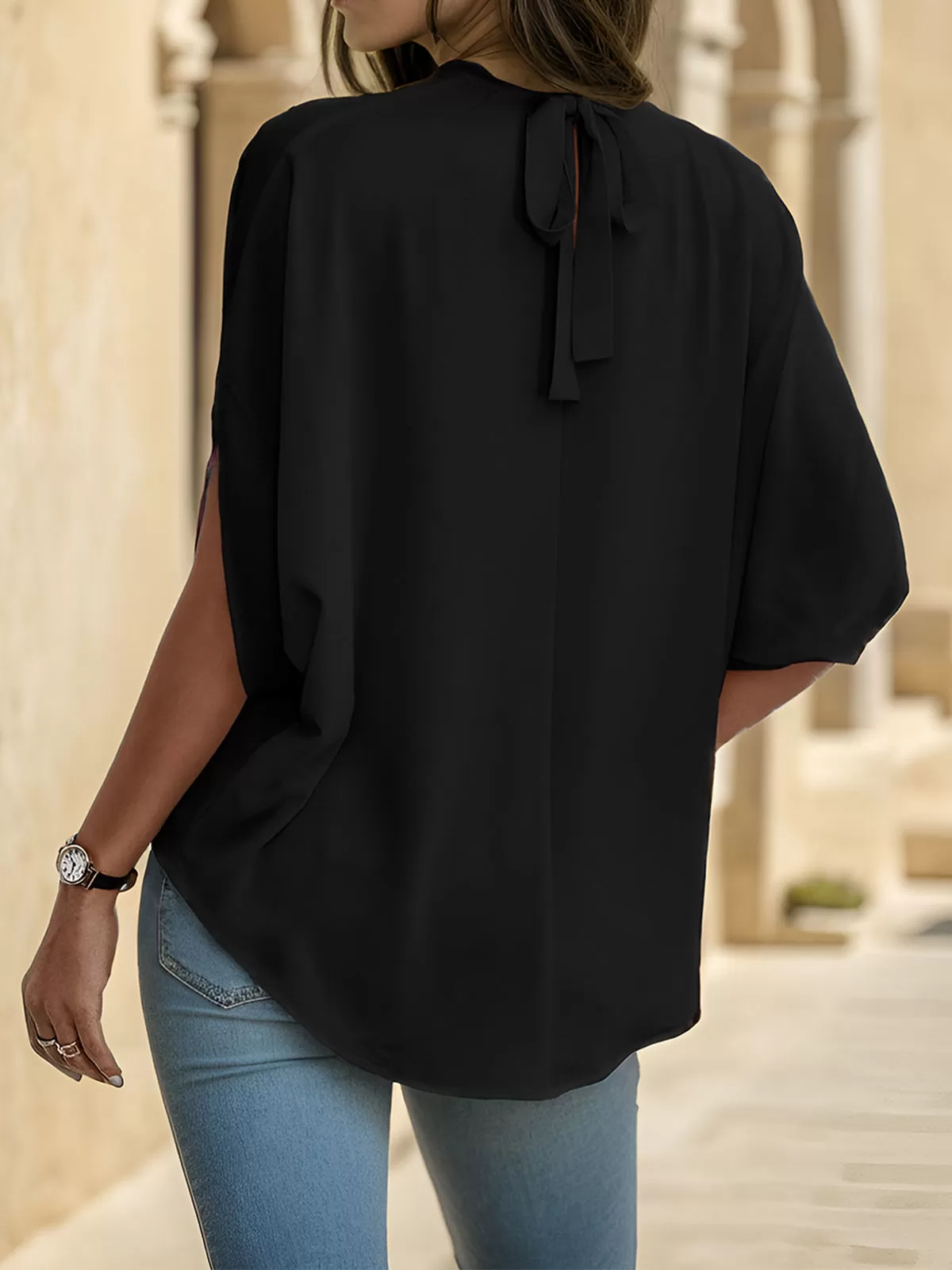 Wrinkle Stand Collar Batwing Half Sleeve Blouse, 4 of 5