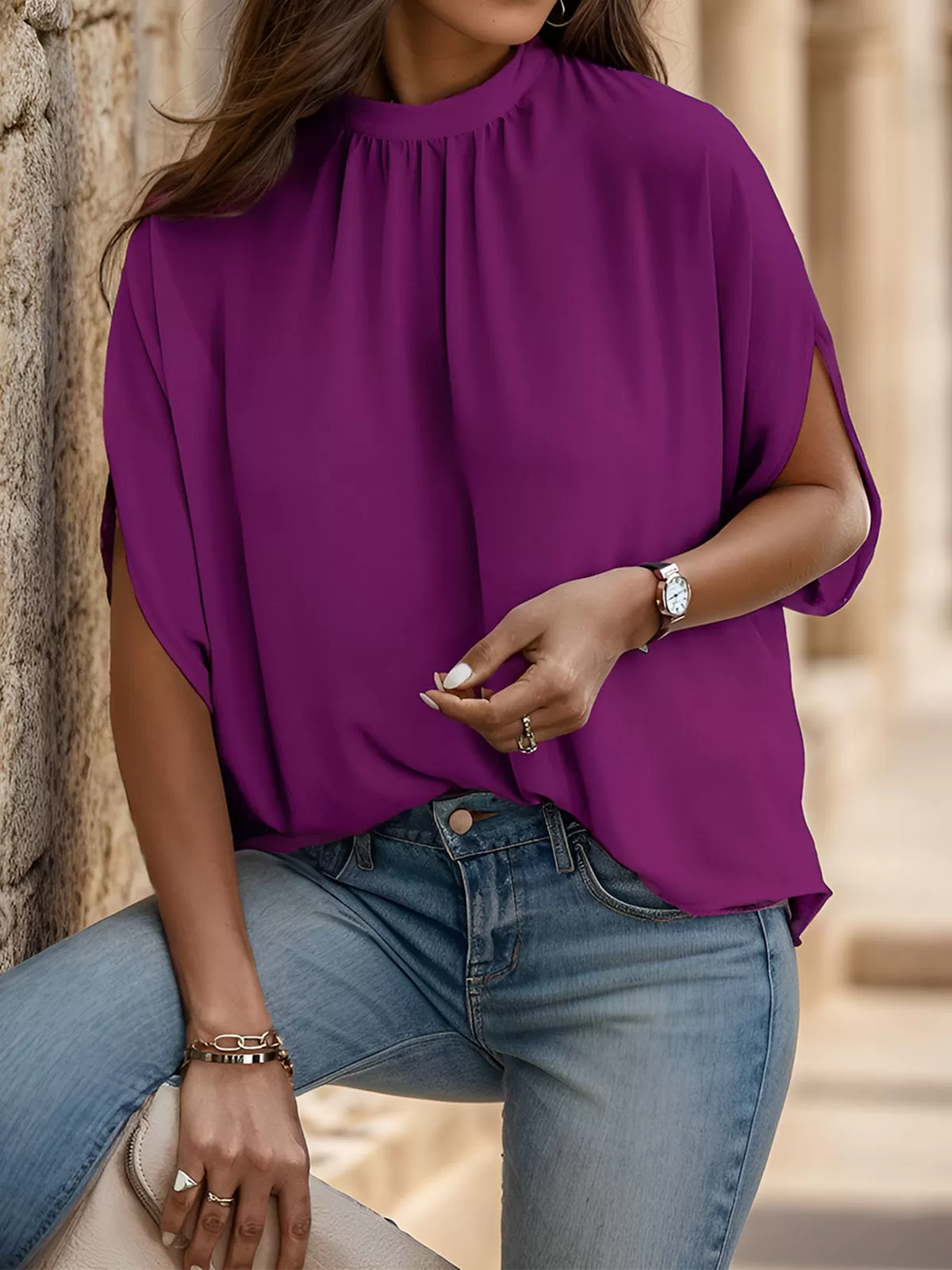 Wrinkle Stand Collar Batwing Half Sleeve Blouse, 2 of 5