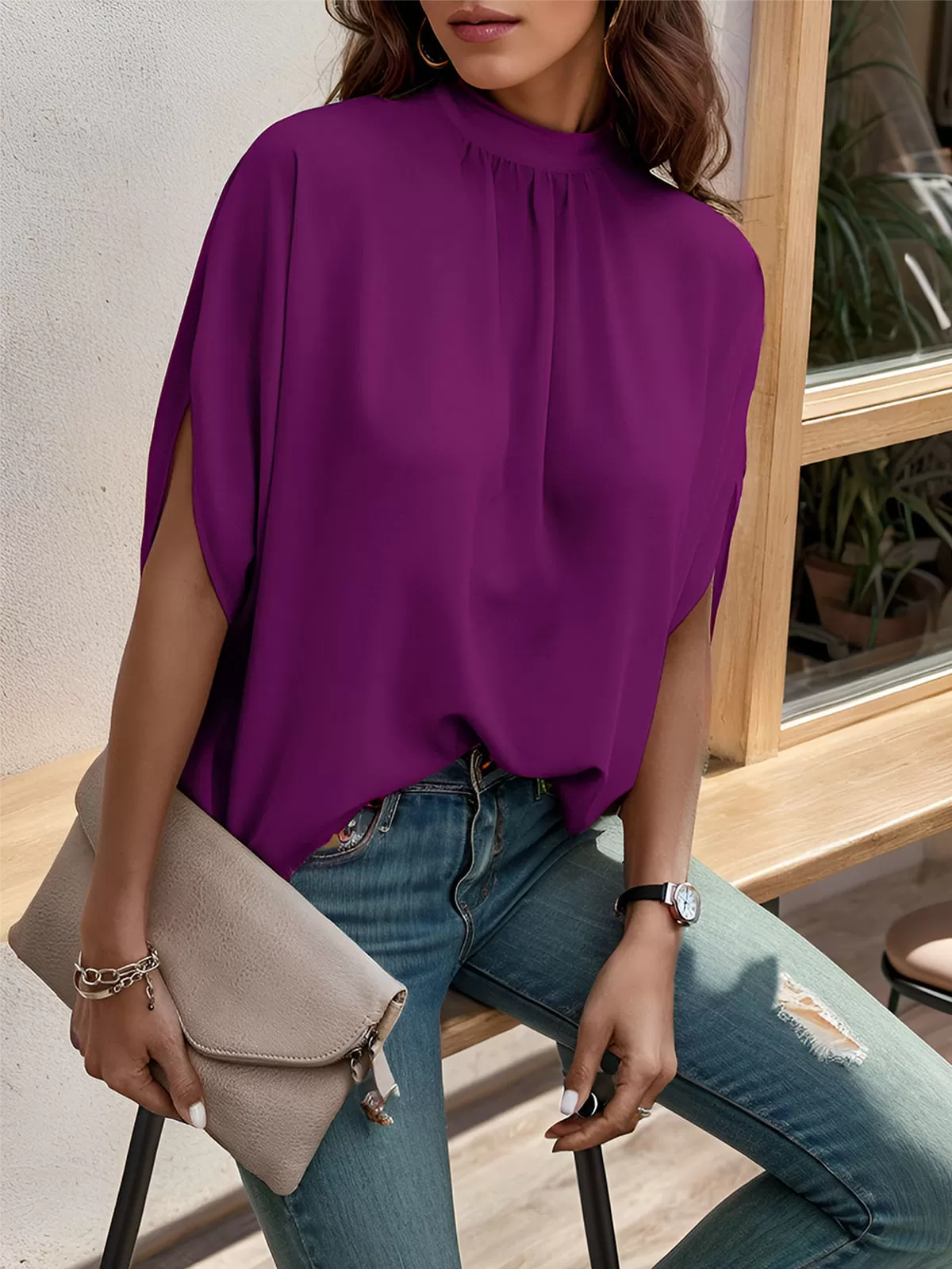 Wrinkle Stand Collar Batwing Half Sleeve Blouse, 4 of 5