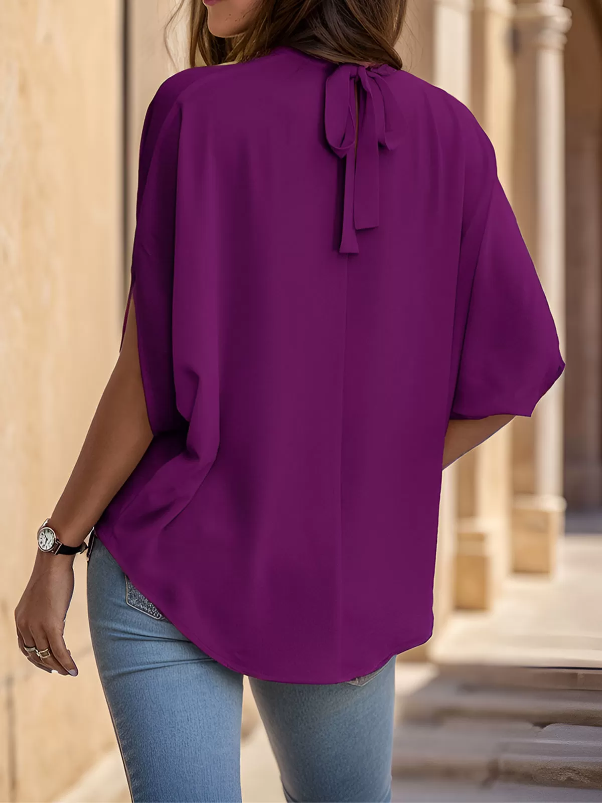 Wrinkle Stand Collar Batwing Half Sleeve Blouse, 5 of 5