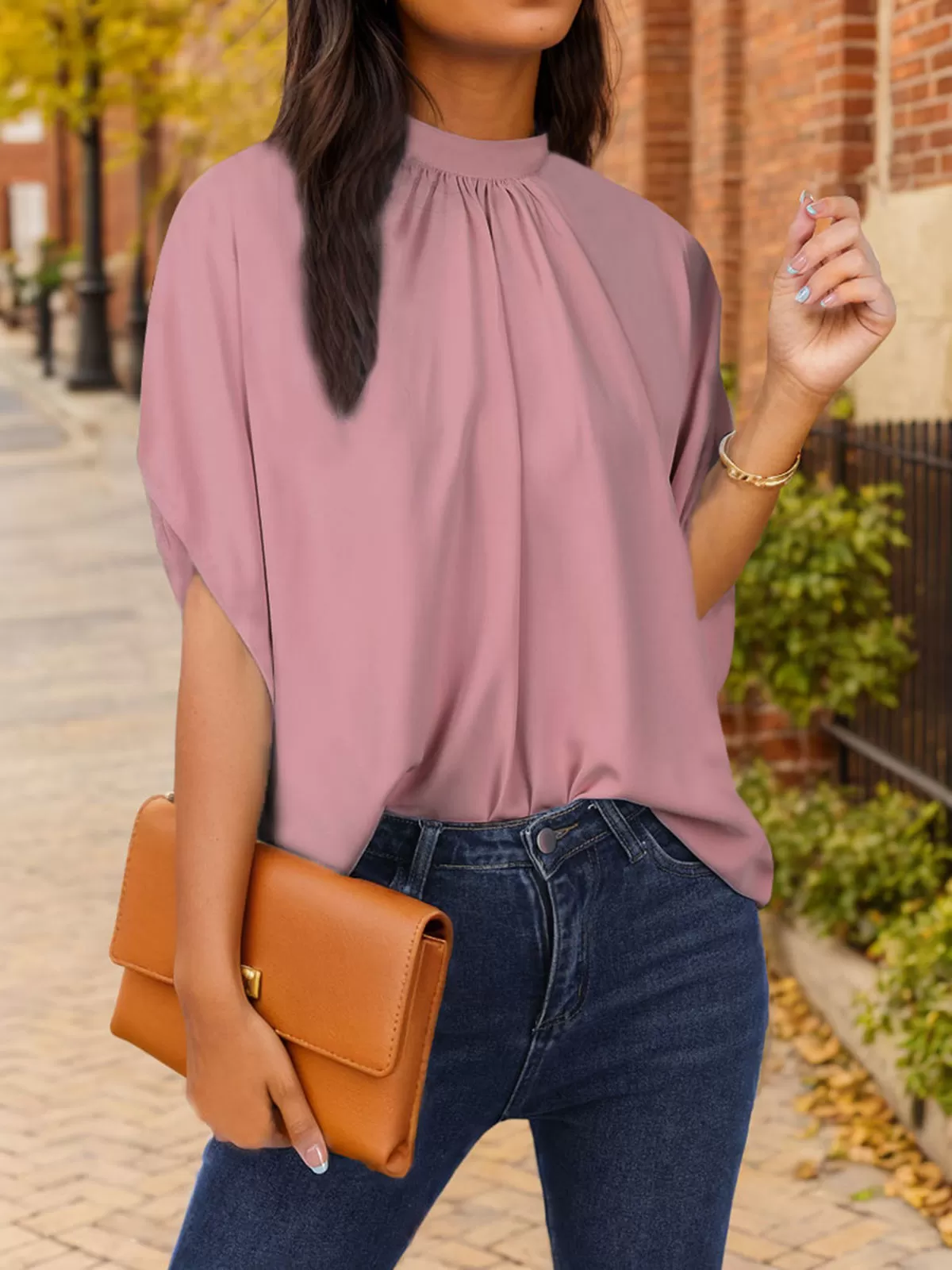 Wrinkle Stand Collar Batwing Half Sleeve Blouse, 2 of 5