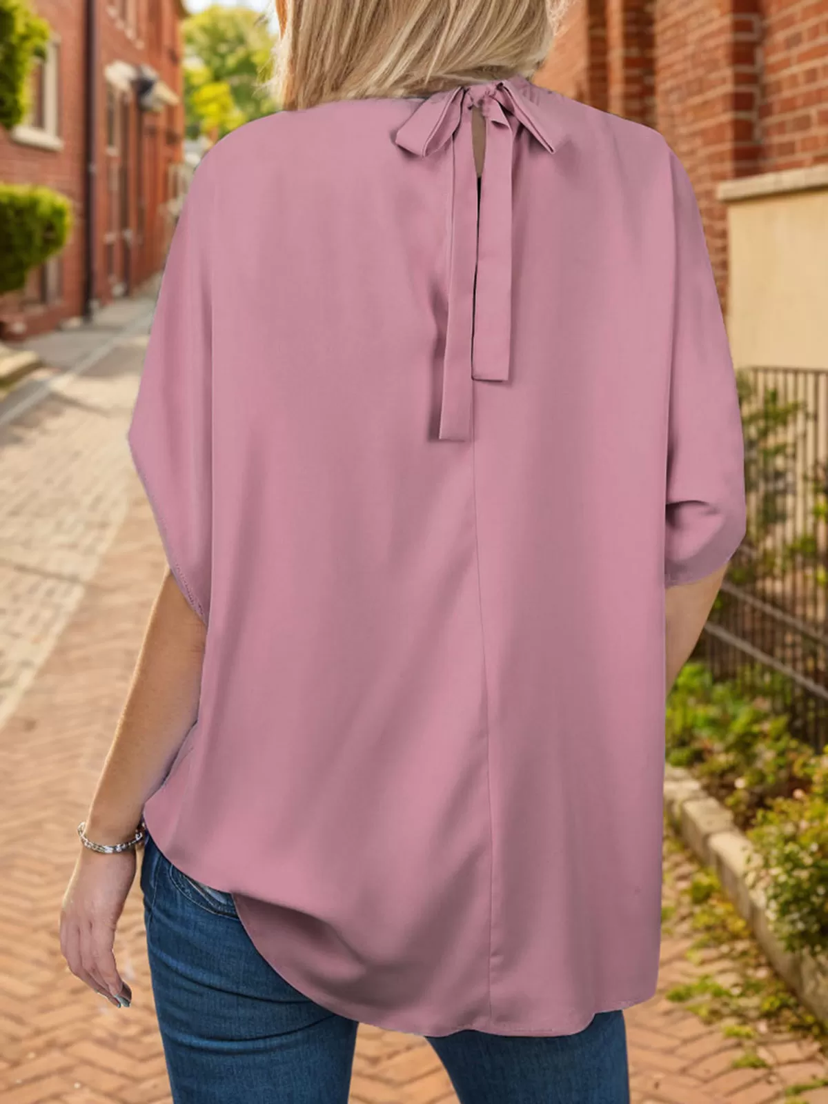 Wrinkle Stand Collar Batwing Half Sleeve Blouse, 3 of 5