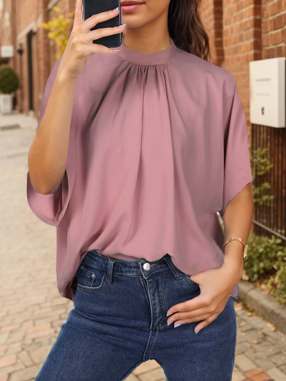Wrinkle Stand Collar Batwing Half Sleeve Blouse, 4 of 5
