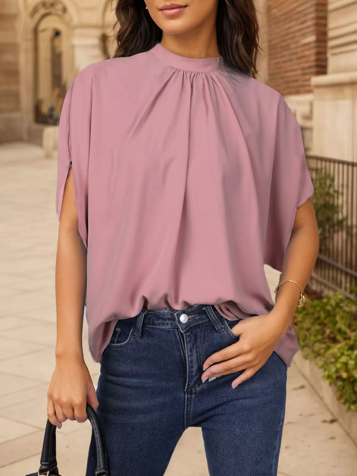 Wrinkle Stand Collar Batwing Half Sleeve Blouse, 5 of 5