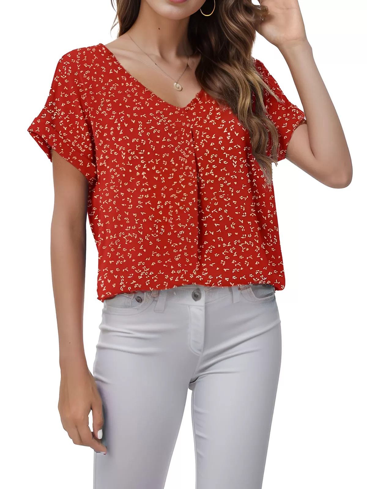 Floral Wrinkle V-neck Cuffed Short Sleeve Blouse, 2 of 5