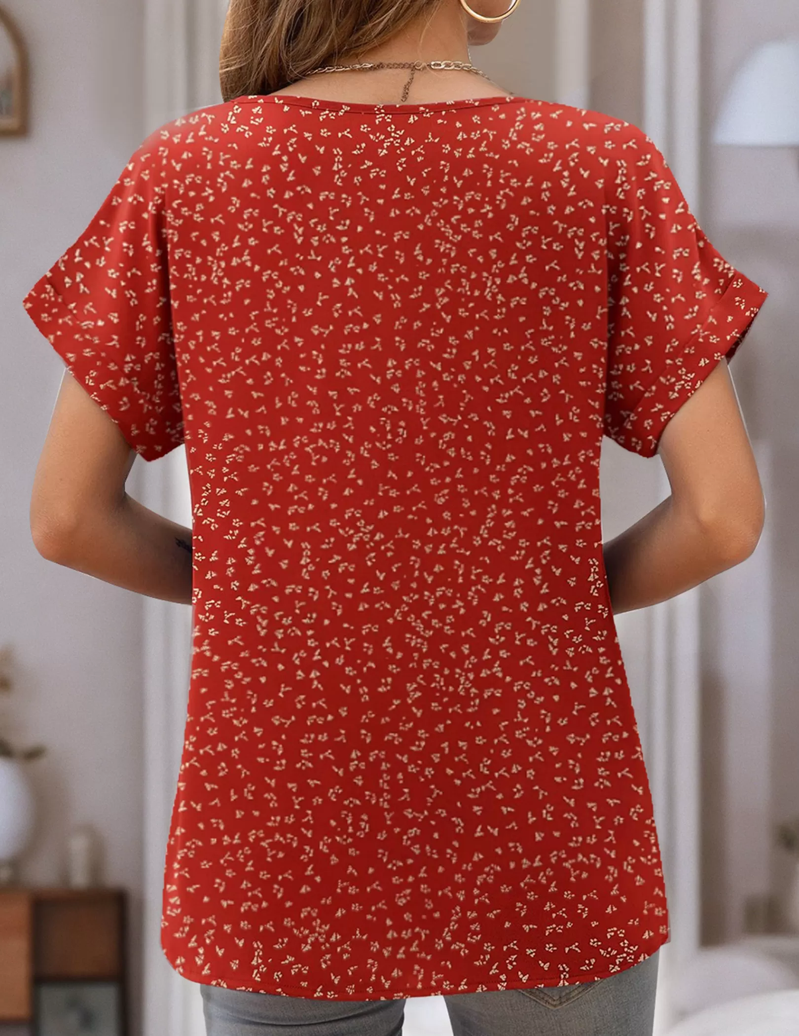 Floral Wrinkle V-neck Cuffed Short Sleeve Blouse, 5 of 5