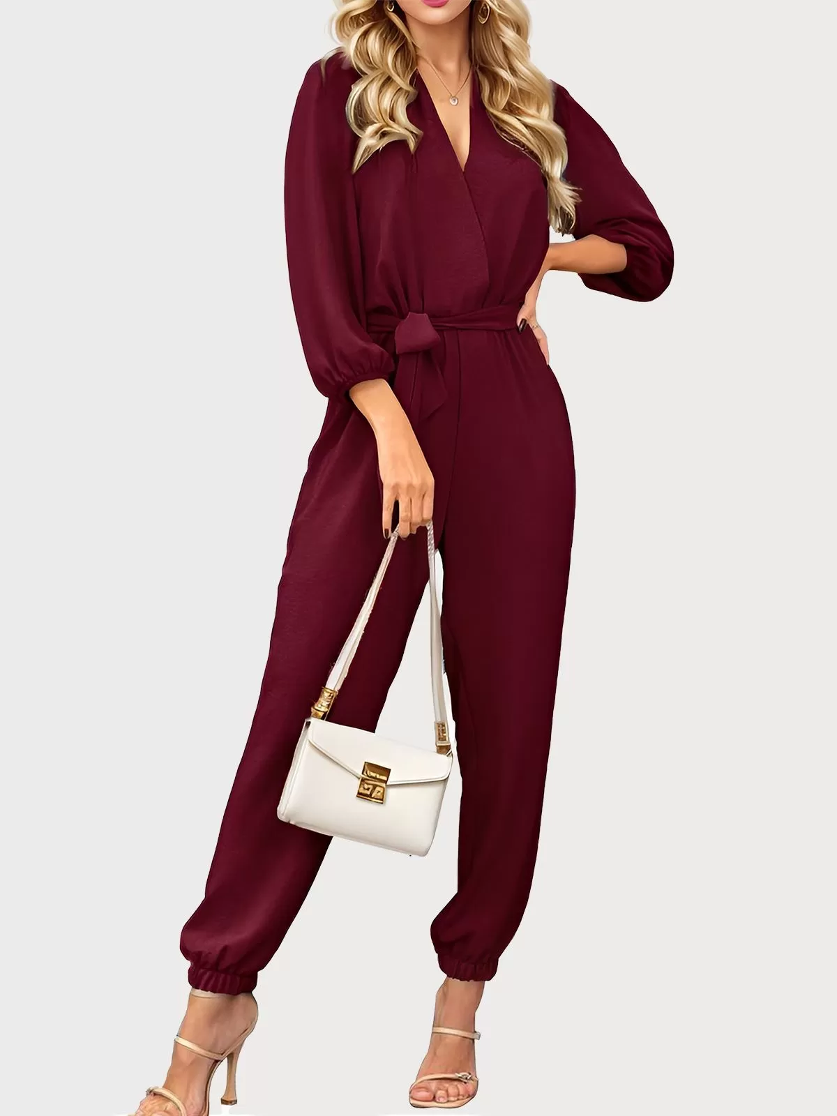 Wrinkle V-neck Medium Rise Lantern Long Sleeve Jumpsuit, 1 of 6