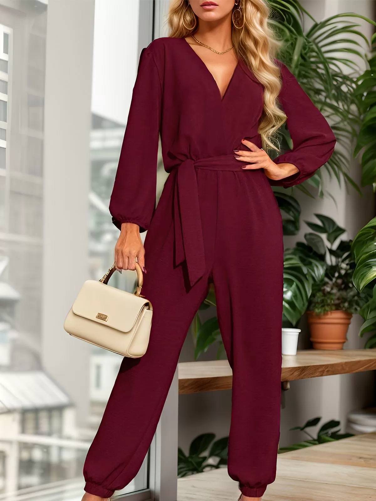 Wrinkle V-neck Medium Rise Lantern Long Sleeve Jumpsuit, 3 of 6