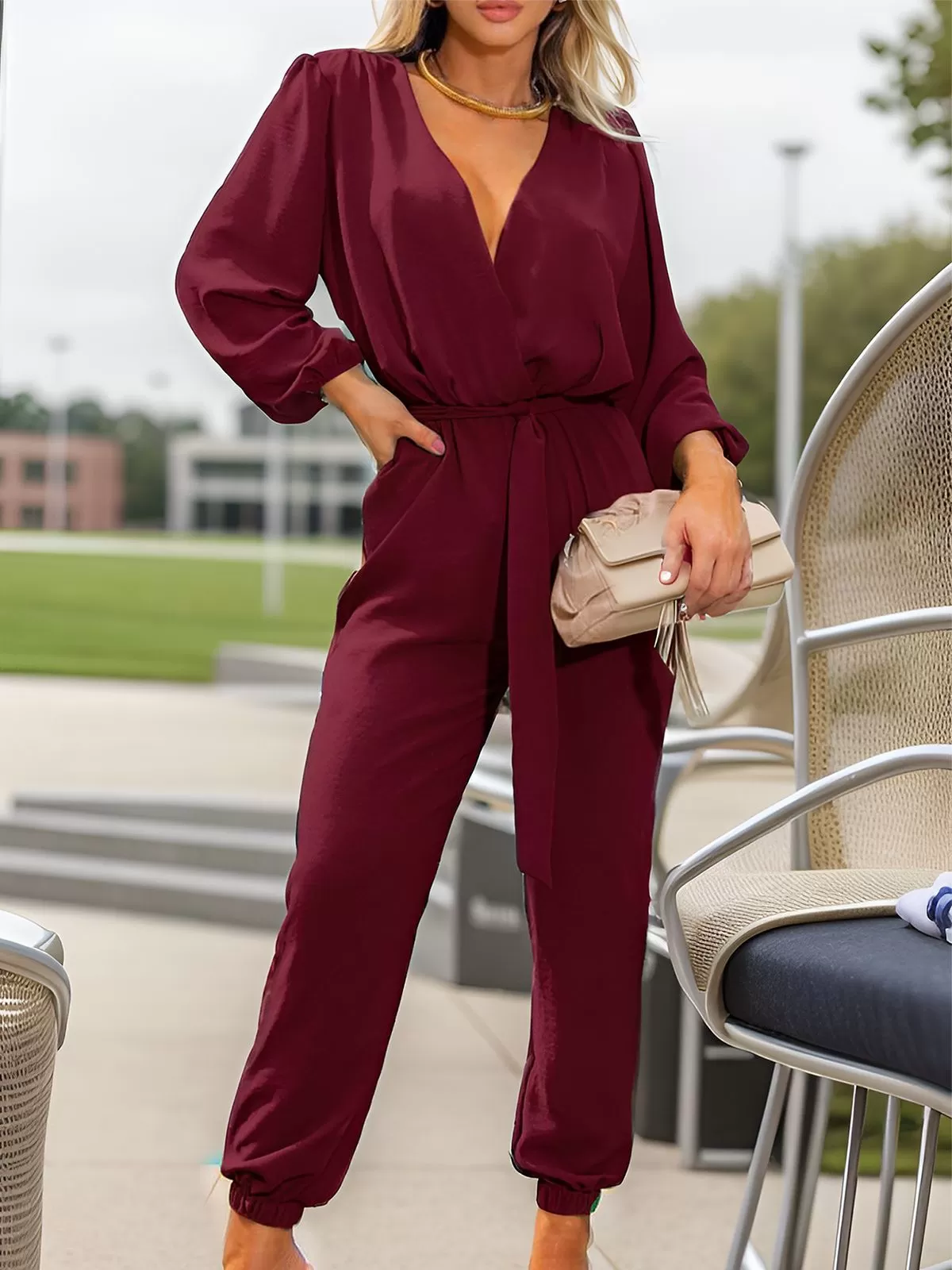 Wrinkle V-neck Medium Rise Lantern Long Sleeve Jumpsuit, 4 of 6