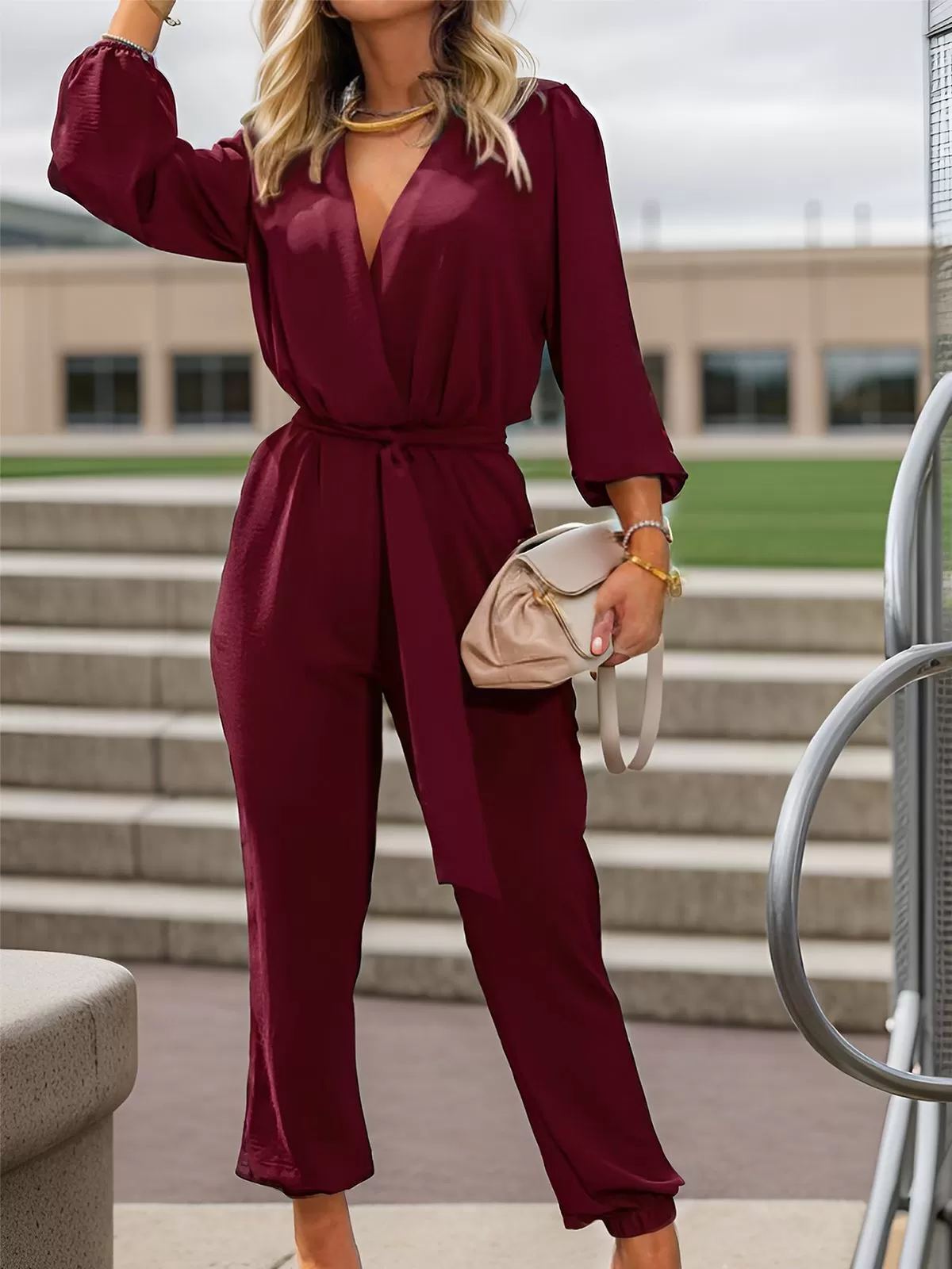 Wrinkle V-neck Medium Rise Lantern Long Sleeve Jumpsuit, 5 of 6