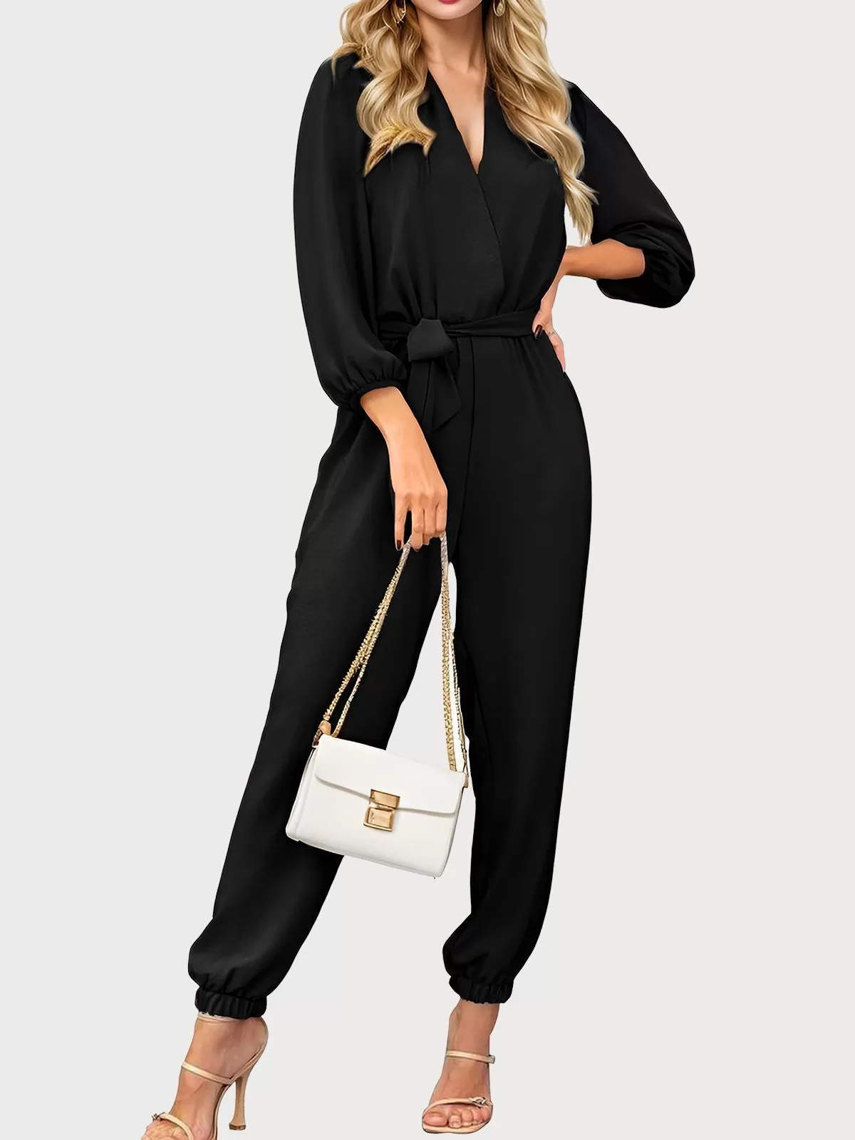 Wrinkle V-neck Medium Rise Lantern Long Sleeve Jumpsuit, 1 of 6