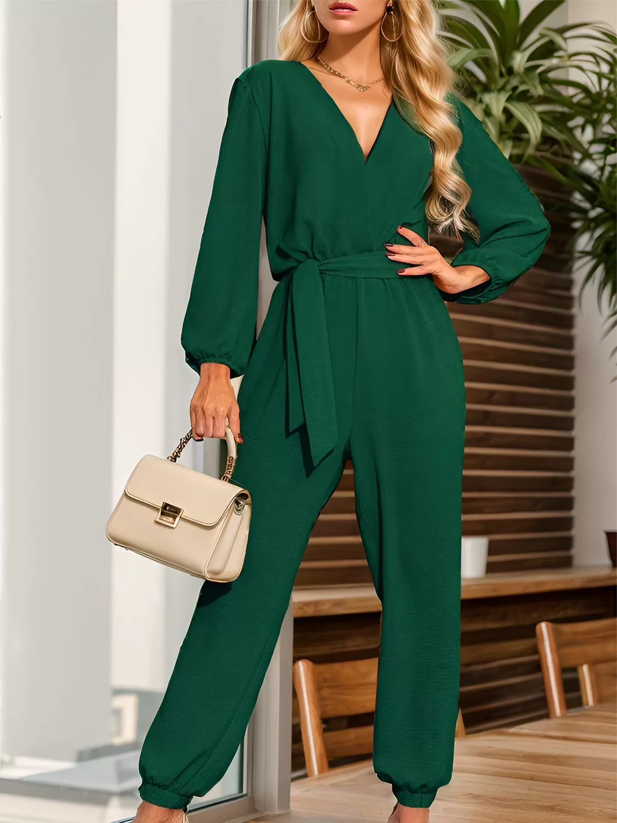 Wrinkle V-neck Medium Rise Lantern Long Sleeve Jumpsuit, 3 of 6