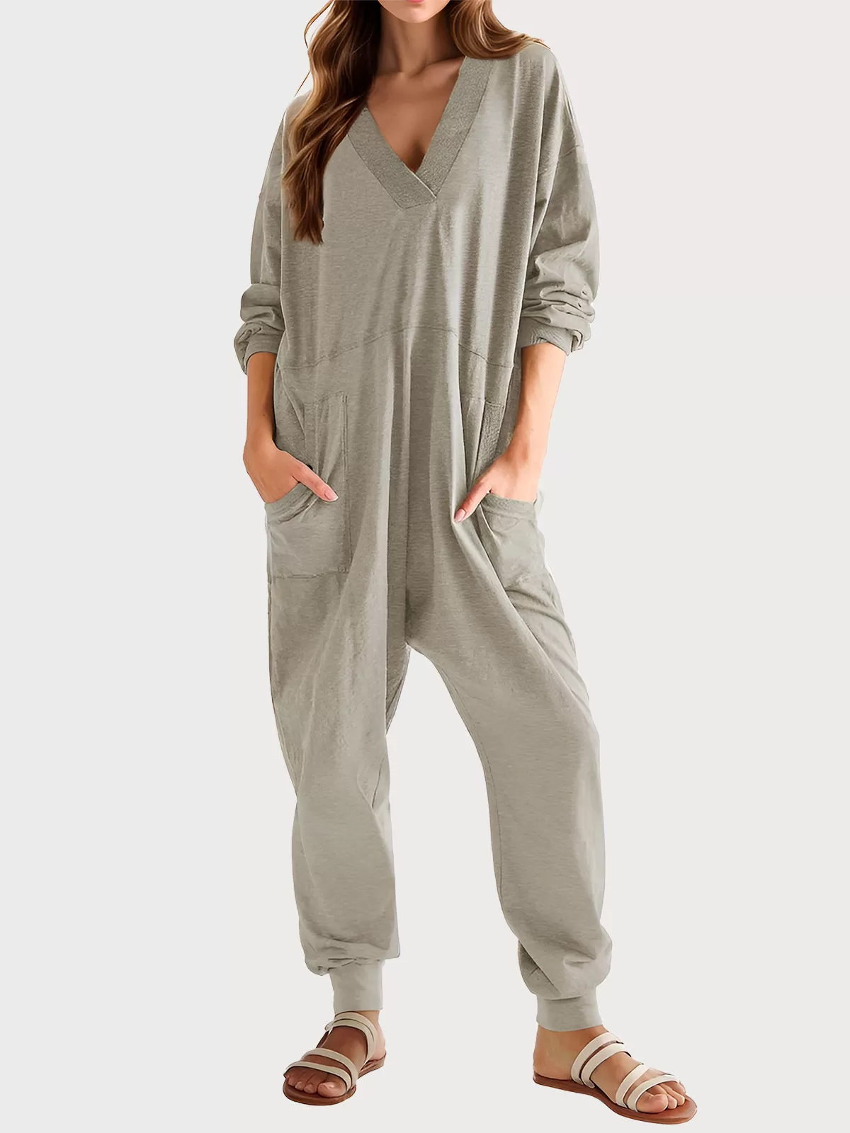 Solid V-neck Long Sleeve Knit Jumpsuit, 1 of 6
