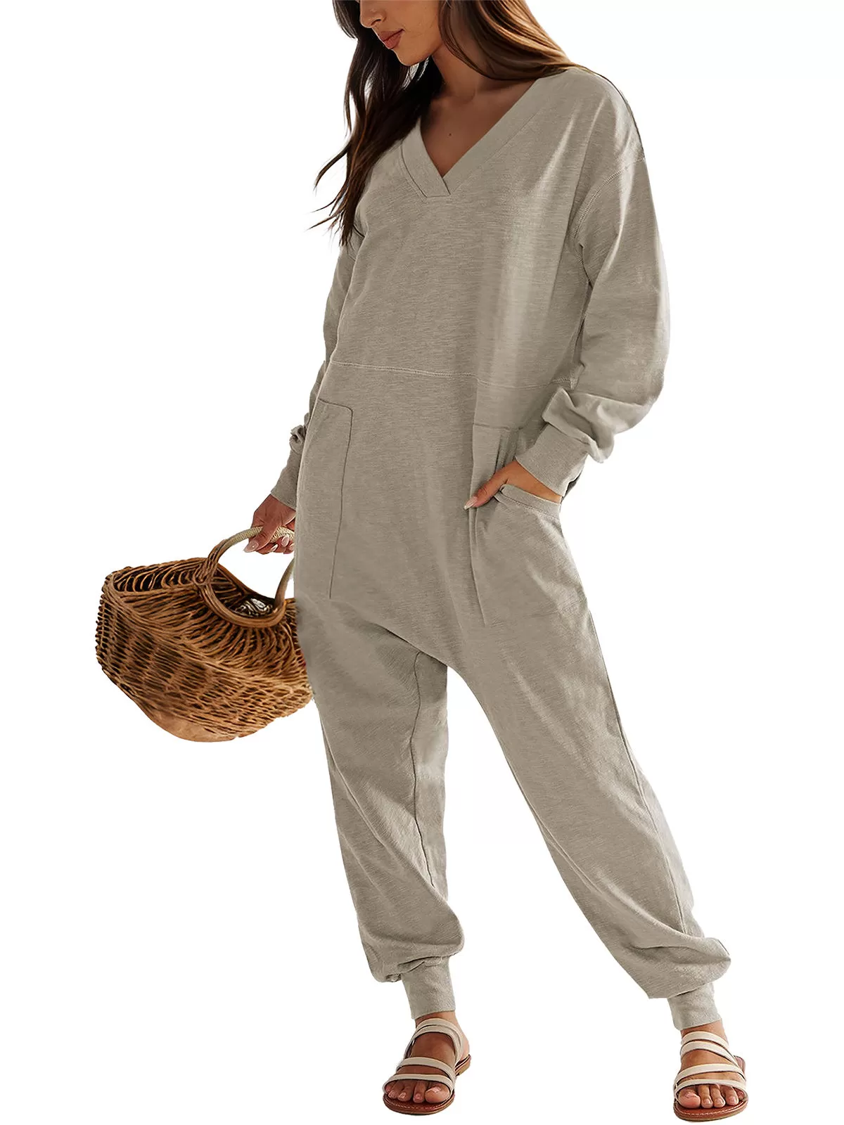 Solid V-neck Long Sleeve Knit Jumpsuit, 2 of 6