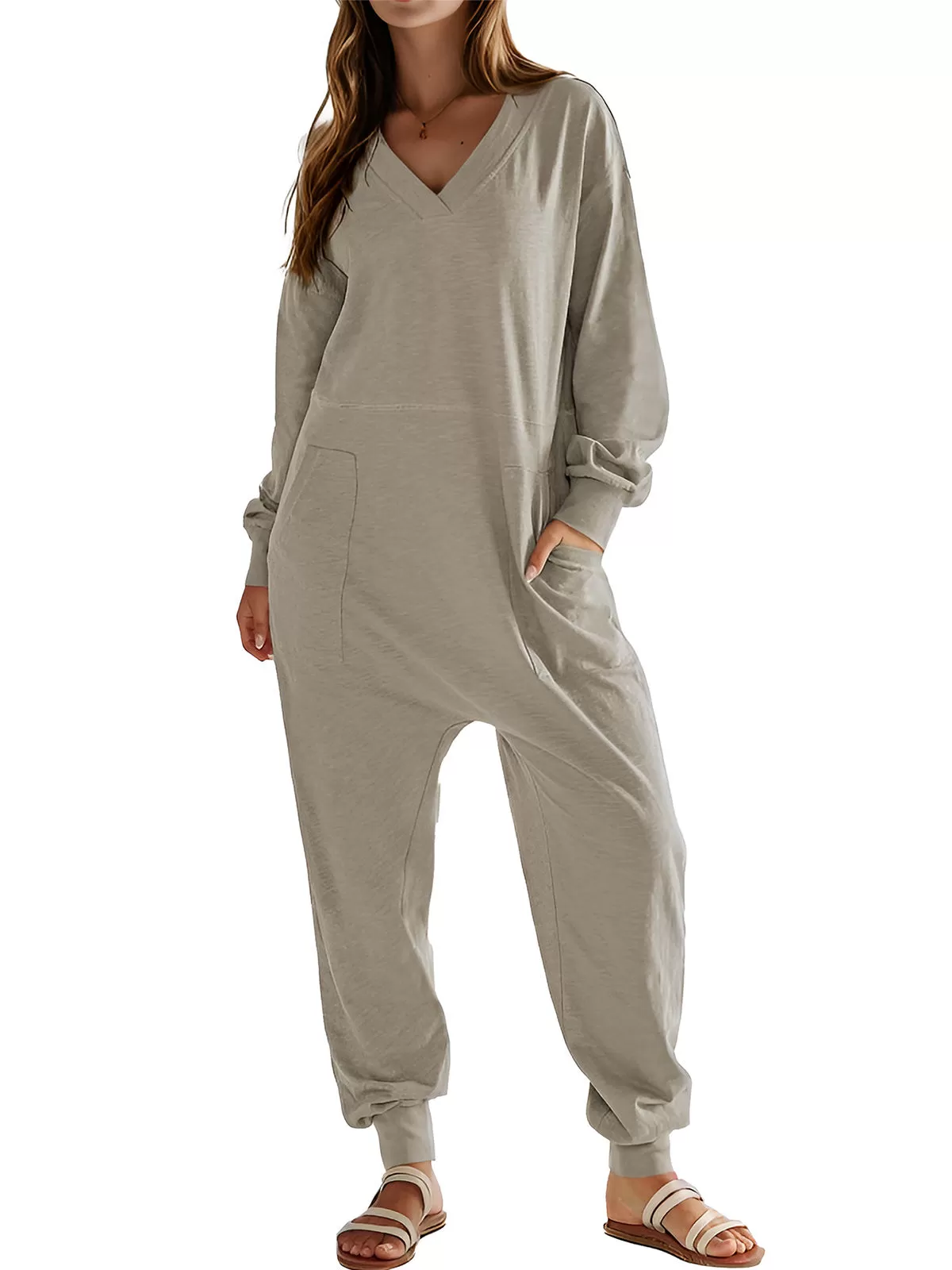 Solid V-neck Long Sleeve Knit Jumpsuit, 3 of 6
